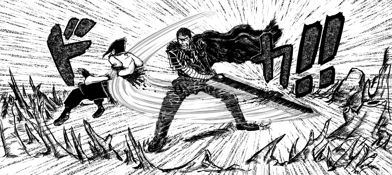 guts (berserk), uchiha sasuke, berserk, naruto (classic), naruto (series), 1990s (style), blood, crossover, guro, monochrome, retro artstyle