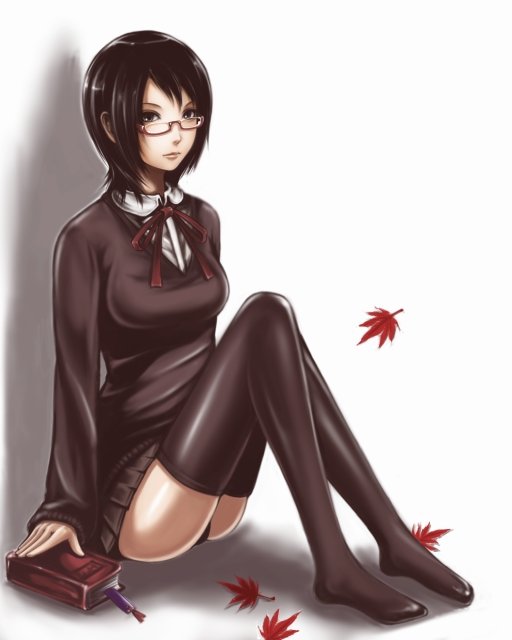 ina (gokihoihoi), original, black eyes, black hair, book, bow, glasses, school uniform, serafuku, short hair, sitting, solo, thighhighs