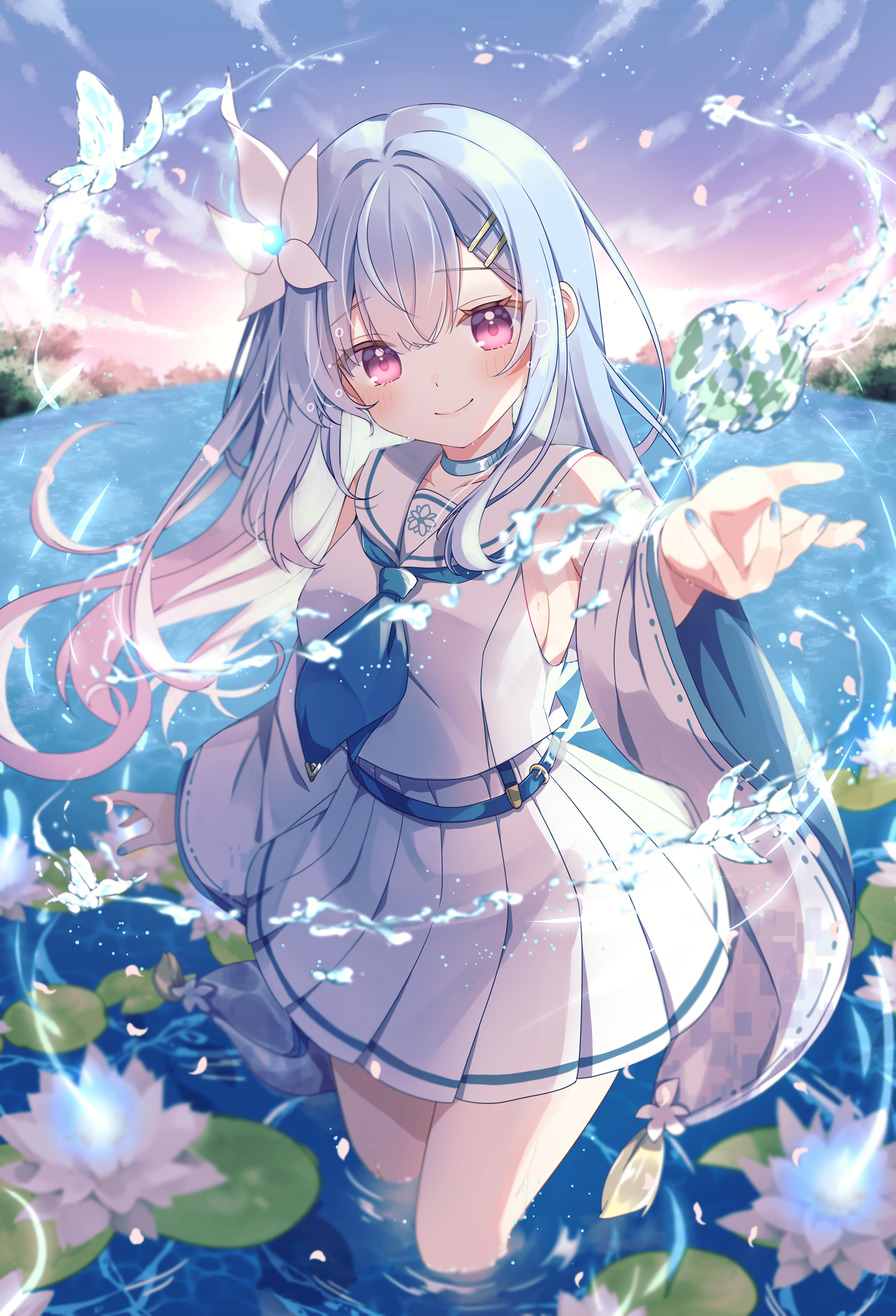 gomano rio, original, commentary request, highres, 1girl, bare shoulders, blue bow, blue bowtie, blue hair, blue nails, blush, bow, bowtie, breasts, bug, butterfly, casting spell, detached sleeves, dress, floating, floating liquid, floating object, flower, gradient hair, hair flower, hair ornament, hairclip, head tilt, insect, long hair, looking at viewer, lotus, magic, multicolored hair, outdoors, outstretched arm, pink eyes, pink hair, sideboob, smile, solo, two-tone hair, wading, white dress