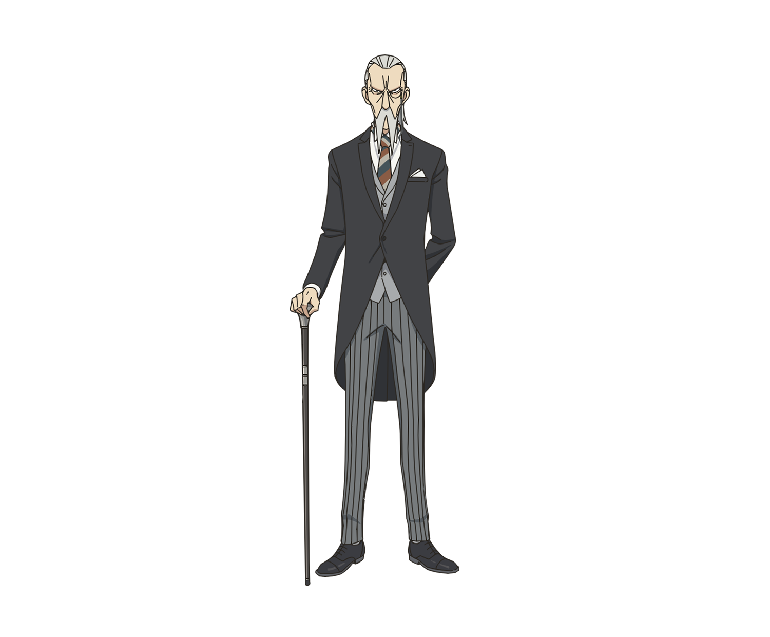 shimada kazuaki, henry henderson, spy x family, highres, official art, 1boy, anime coloring, arm behind back, black jacket, black suit, cane, collared shirt, diagonal-striped clothes, diagonal-striped necktie, dress shoes, facial hair, formal clothes, full body, grey hair, grey pants, grey shoes, grey vest, handkerchief, holding, holding staff, jacket, long mustache, long sleeves, looking at viewer, monocle, multicolored necktie, mustache, necktie, old, old man, pants, shirt, shoes, short hair, simple background, socks, solo, staff, standing, striped clothes, striped necktie, striped pants, suit, suit jacket, tachi-e, transparent background, vertical-striped clothes, vertical-striped pants, vest, white hair, white shirt, white socks, wrinkled skin