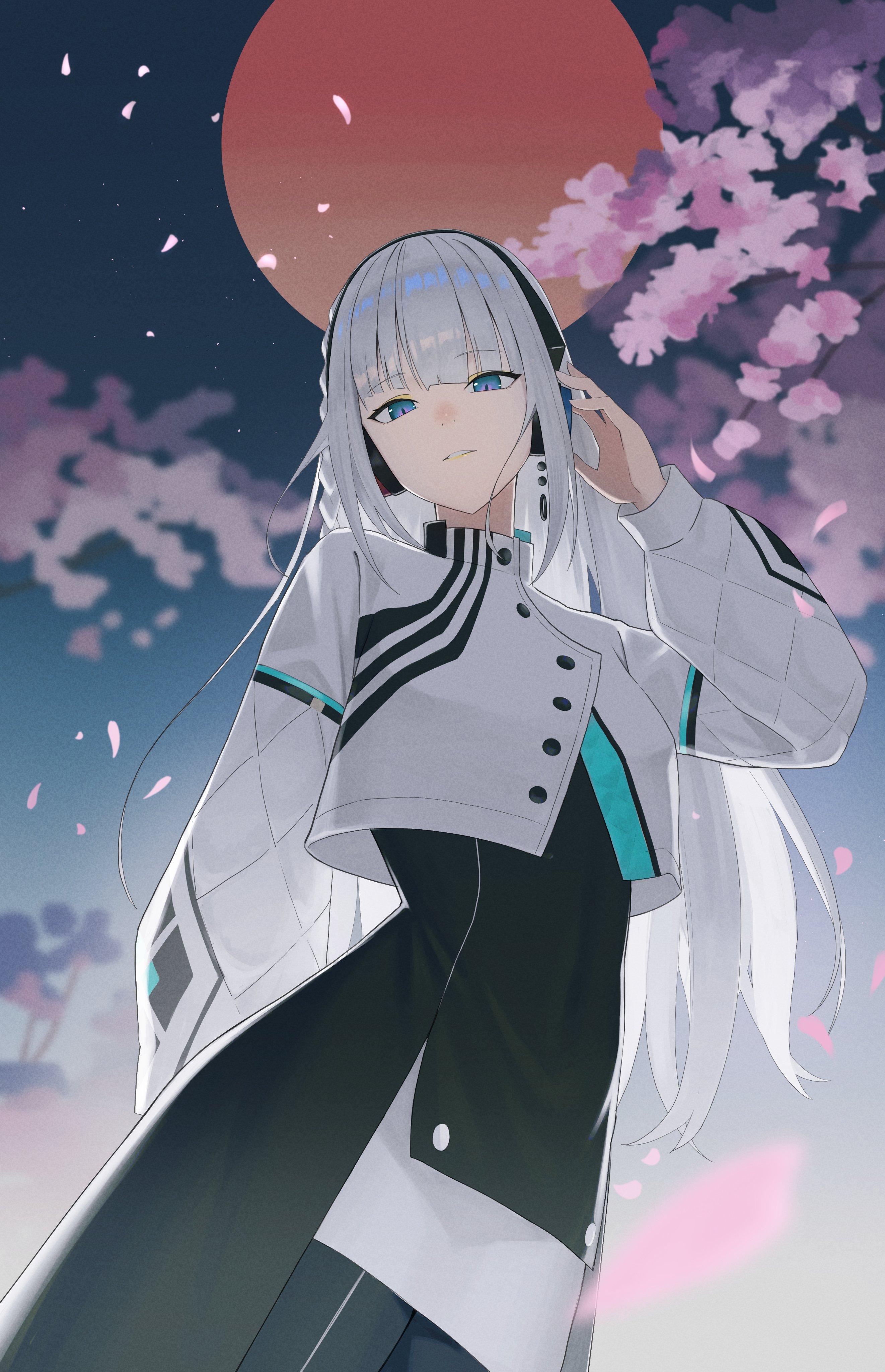 neko hiiragi, haru (cevio), cevio, kamitsubaki studio, absurdres, highres, 1girl, arm up, black skirt, blue eyes, braid, cherry blossoms, gradient sky, hand on headphones, headphones, long bangs, long hair, multicolored eyes, purple eyes, quilted jacket, skirt, sky, standing, stare down, sun, two-tone eyes, white hair