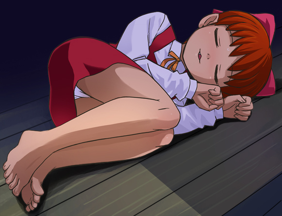 haruyama kazunori, nekomusume, nekomusume (gegege no kitarou 5), gegege no kitarou, gegege no kitarou 5, toei company, 1girl, bare legs, barefoot, bow, closed eyes, cowboy shot, dress, fang, feet, female focus, fetal position, full body, hair bow, hair ribbon, legs together, on floor, panties, panty peek, pantyshot, paw pose, pinafore dress, pink bow, pointy ears, red dress, red hair, ribbon, shirt, short dress, sleeping, sleeveless, sleeveless dress, soles, solo, toes, underwear, white shirt, wooden floor