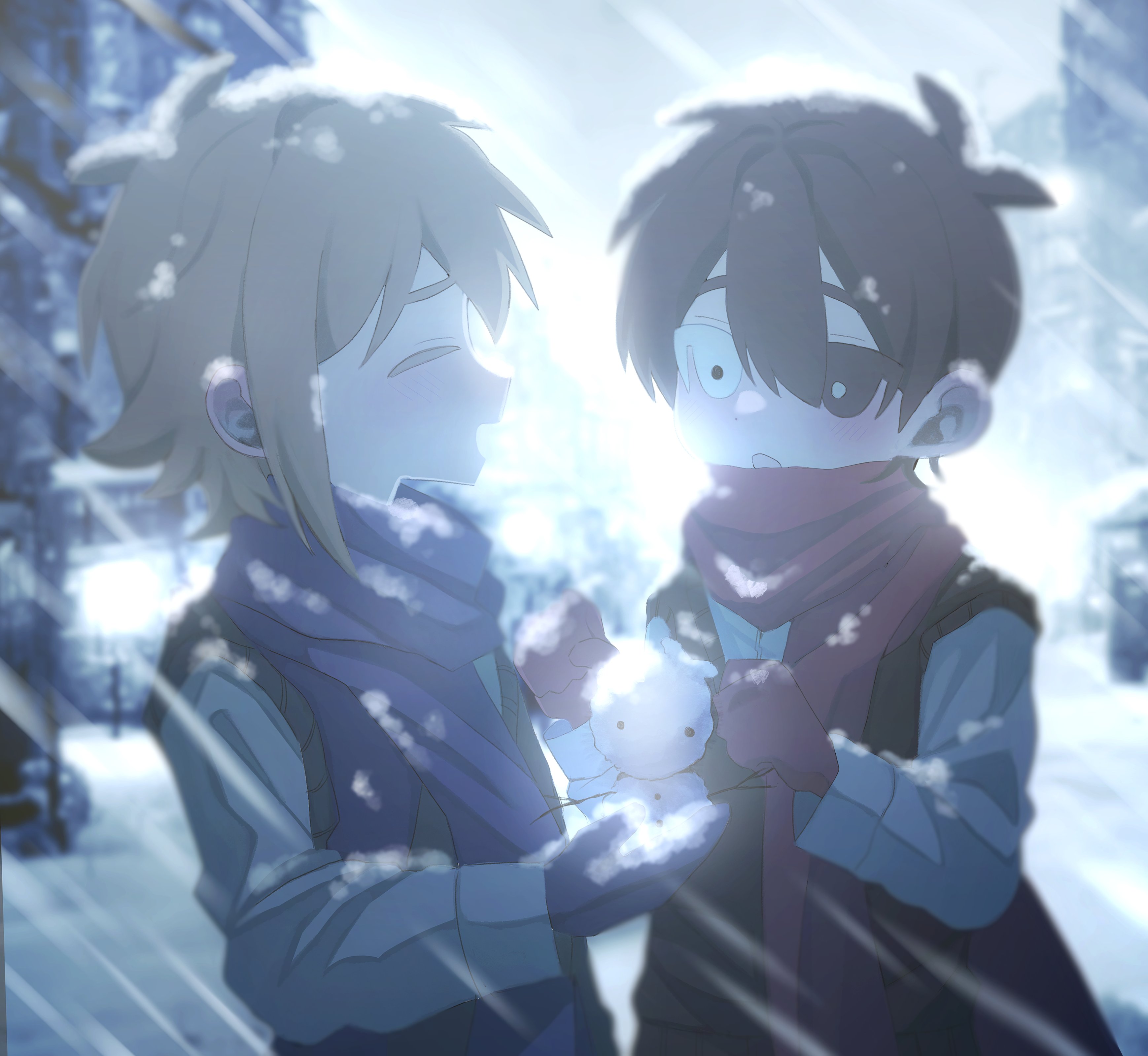 my loleeta, basil (faraway) (omori), basil (omori), sunny (omori), omori, absurdres, highres, revision, spoilers, 2boys, alternate costume, antenna hair, black eyes, blonde hair, blue scarf, blurry, blurry background, bright pupils, double-parted bangs, hair between eyes, heterochromia, holding snowman, long sleeves, looking at another, male focus, mini snowman, mittens, multiple boys, outdoors, red scarf, scarf, short hair, sidelocks, snow, snowing, white eyes, white pupils