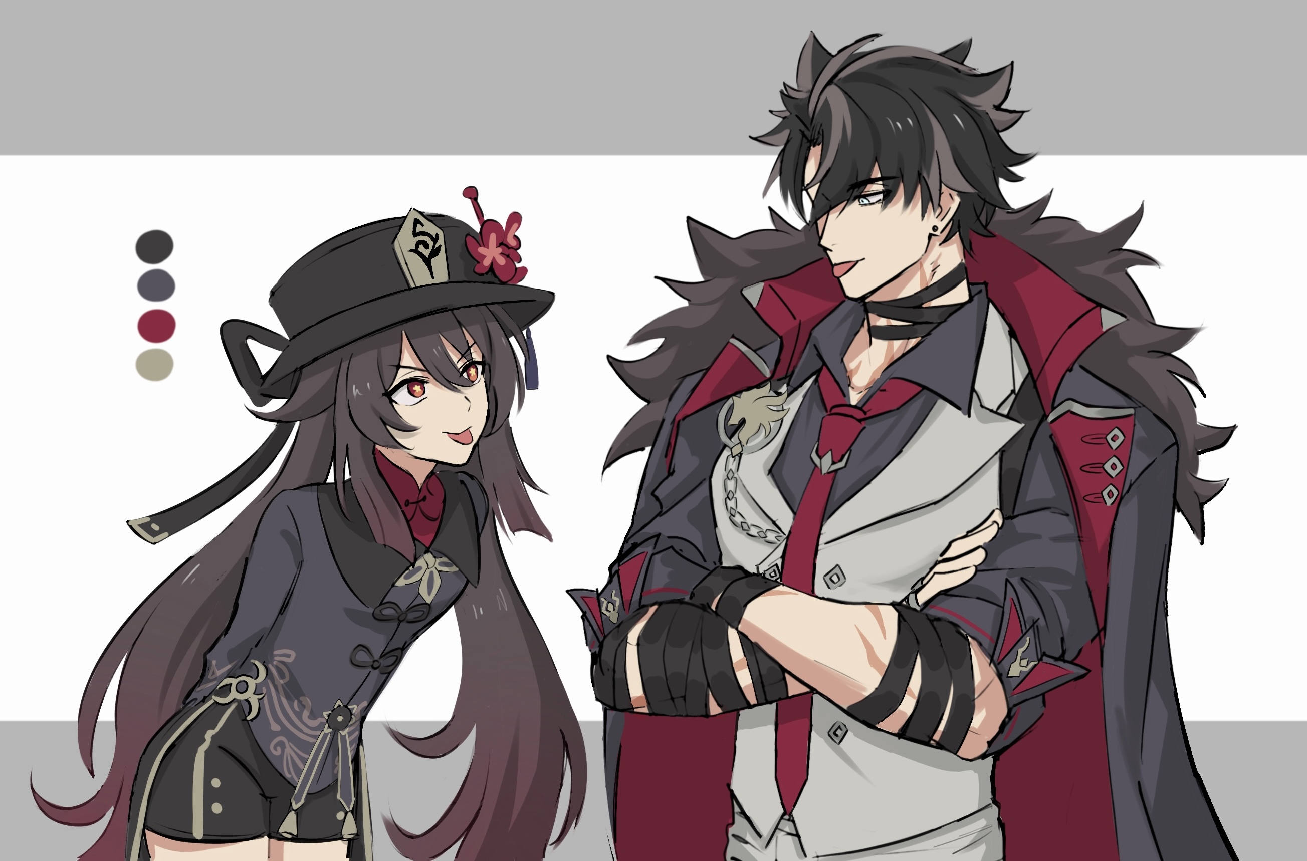 acupofbread, hu tao (genshin impact), wriothesley (genshin impact), genshin impact, commentary, english commentary, highres, 1boy, 1girl, :p, arms behind back, bandaged arm, bandaged neck, bandages, black bandages, black hair, black shirt, blue eyes, brooch, brown hair, chain, coat, coat on shoulders, collared shirt, color guide, cowboy shot, crossed arms, earrings, flower, fur-trimmed coat, fur trim, grey hair, grey vest, hair between eyes, hat, hat flower, jewelry, lapels, long hair, looking at another, multicolored hair, necktie, red eyes, red necktie, shirt, short hair, short shorts, shorts, simple background, standing, streaked hair, symbol-shaped pupils, tongue, tongue out, twintails, v-shaped eyebrows, very long hair, vest
