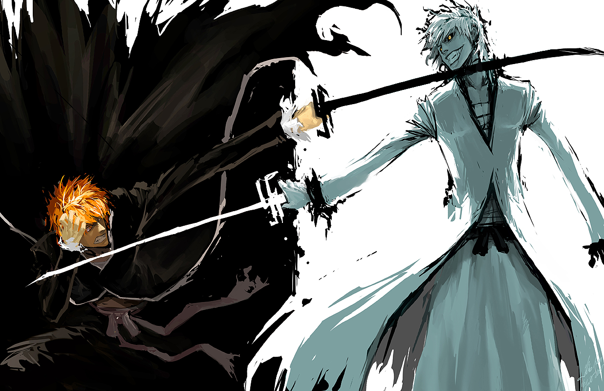 tobias kwan, hollow ichigo, kurosaki ichigo, shirosaki hichigo, zangetsu (bleach), bleach, 00s, 2boys, angry, bandages, bankai, black sclera, colored sclera, colored skin, dual persona, fighting, male focus, multiple boys, multiple persona, orange hair, sword, weapon, white hair, white skin