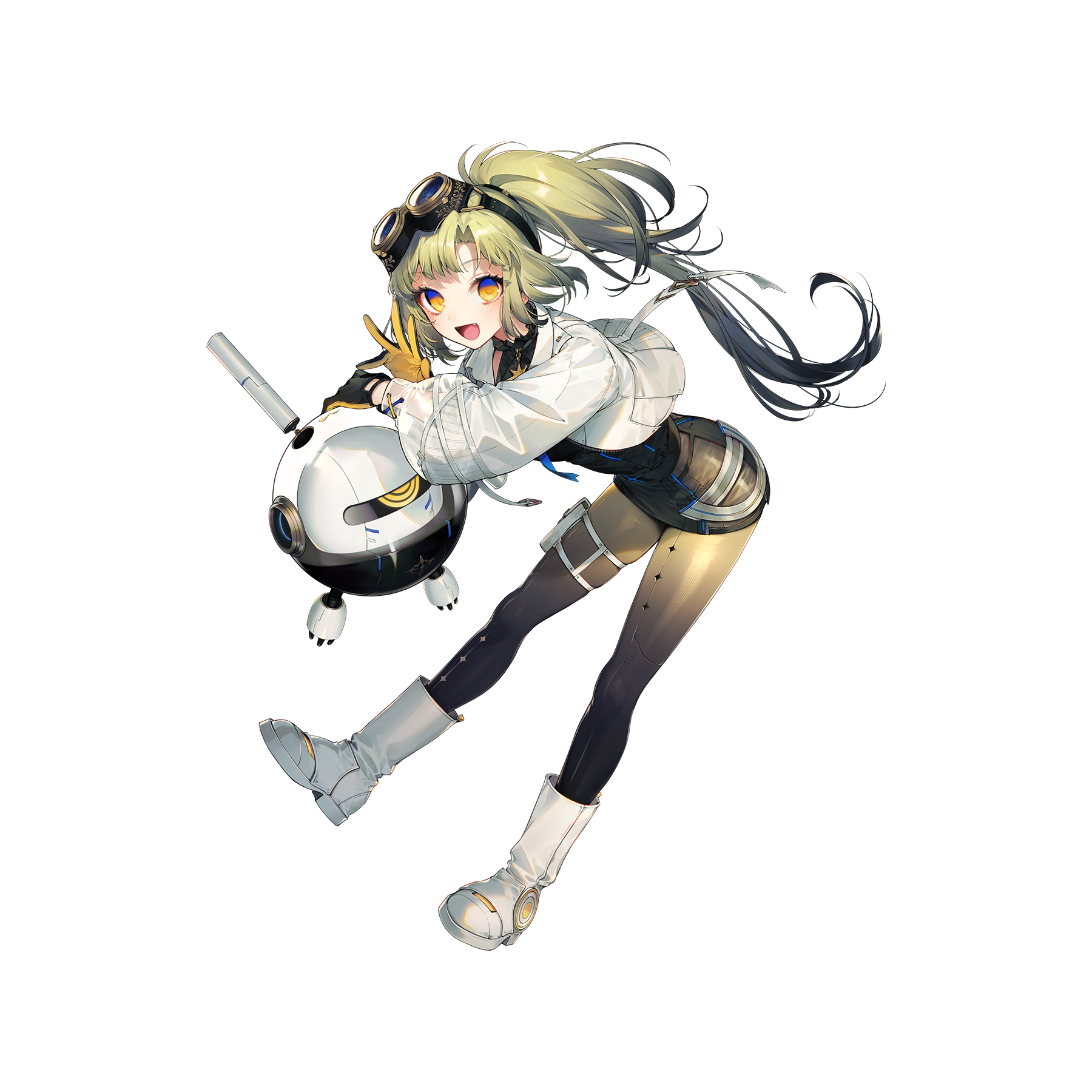 suzunashi, arcaea, highres, non-web source, 1girl, black gloves, black shirt, black skirt, black thighhighs, blonde hair, blue eyes, boots, breasts, curtained hair, full body, gloves, goggles, green hair, high ponytail, jacket, knee boots, leather, leather skirt, medium breasts, medium hair, multicolored eyes, nonoka (arcaea), ponytail, see-through clothes, shirt, skirt, solo, thigh strap, thighhighs, two-tone eyes, two-tone gloves, white boots, white jacket, white sleeves, yellow eyes, yellow gloves, yellow thighhighs