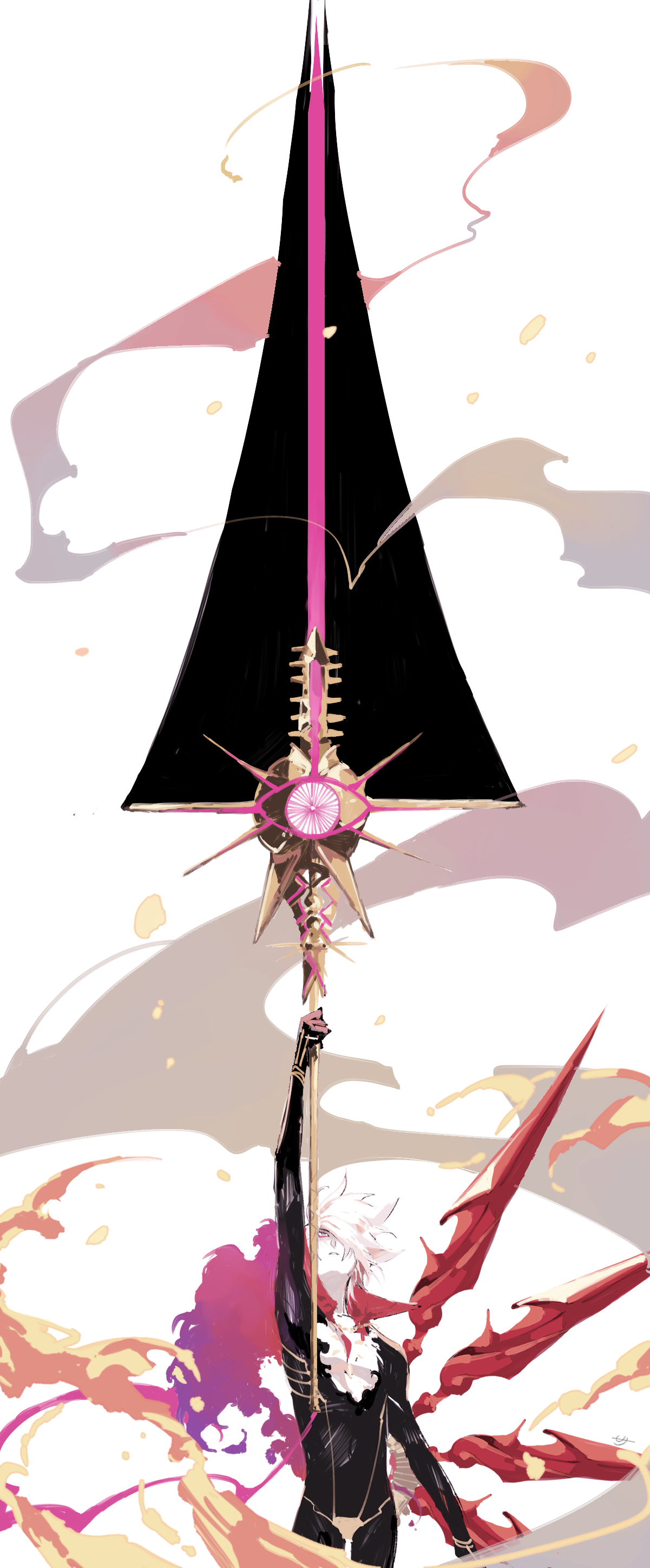 rokkasana, karna (fate), fate/apocrypha, fate (series), absurdres, highres, 1boy, cape, chest jewel, collar, earrings, embers, fire, gloves, glowing, hair between eyes, holding, holding polearm, holding weapon, jewelry, leotard, looking up, makeup, pale skin, polearm, red cape, short hair, solo, spear, spiked collar, spikes, vasavi shakti (fate), weapon, white hair