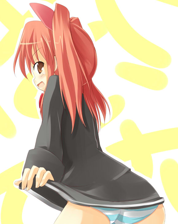 kuro (be ok), aloe, aloe (quiz magic academy), quiz magic academy, 1girl, :d, black dress, blush, bow, brown eyes, brown hair, dress, female focus, hair bow, long hair, looking back, open mouth, panties, smile, solo, striped clothes, striped panties, twintails, underwear
