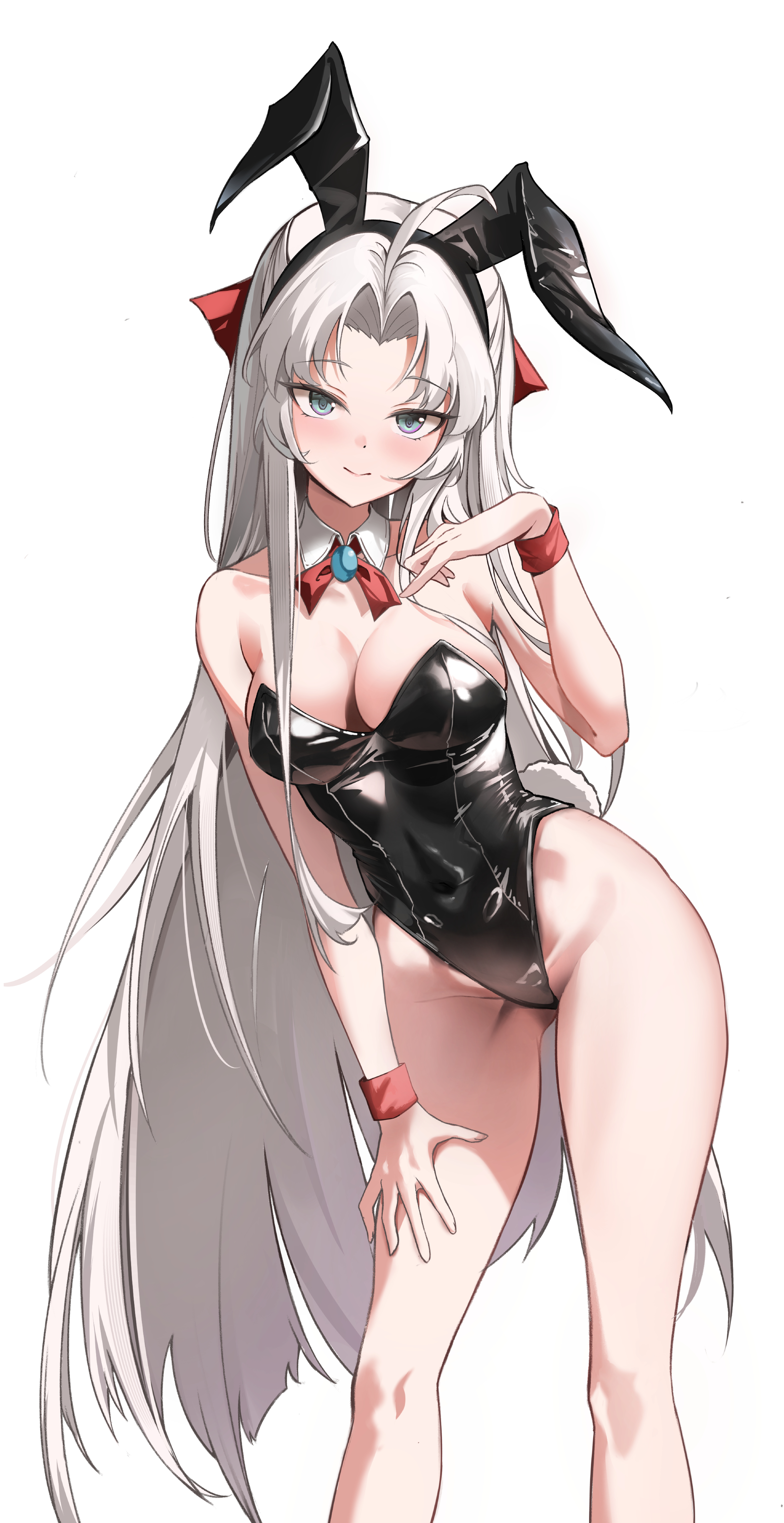 zeka massi, carlotta (wuthering waves), wuthering waves, absurdres, commentary, highres, 1girl, ahoge, animal ear hairband, animal ears, aqua eyes, bare legs, bare shoulders, black leotard, blush, bow, breasts, cleavage, closed mouth, collar, covered navel, detached collar, fake animal ears, hair bow, hairband, hand on own thigh, hand up, highleg, highleg leotard, legs, leotard, looking at viewer, medium breasts, parted bangs, pink bow, playboy bunny, rabbit ear hairband, rabbit ears, simple background, smile, solo, strapless, strapless leotard, thighs, white background, white collar