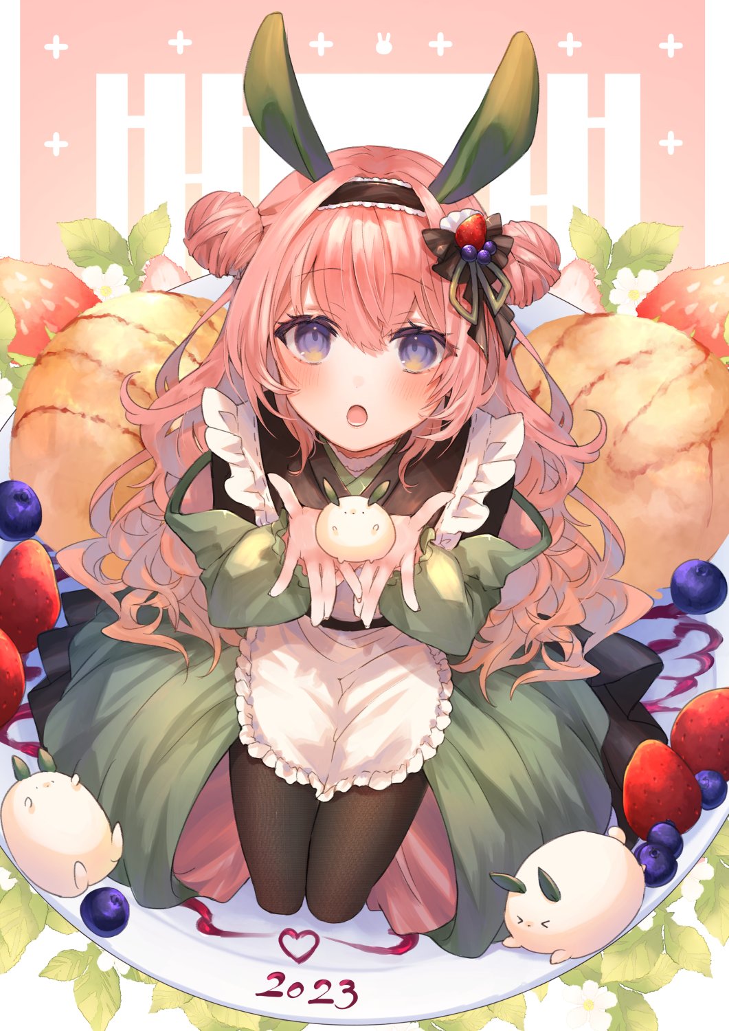 shikino yuki, original, commentary request, highres, 1girl, 2023, apron, black hairband, blue eyes, blush, double bun, frilled apron, frilled hairband, frills, hair between eyes, hair bun, hair ornament, hairband, hands up, long hair, long sleeves, looking at viewer, open mouth, pink hair, sitting, solo, white apron