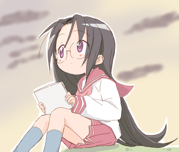 core (mayomayo), tamura hiyori, lucky star, blue legwear, bad id, bad pixiv id, 00s, 1girl, black hair, cloud, cloudy sky, dress, evening, female focus, glasses, goggles, notebook, panties, pantyshot, purple eyes, sailor dress, sitting, sky, solo, underwear