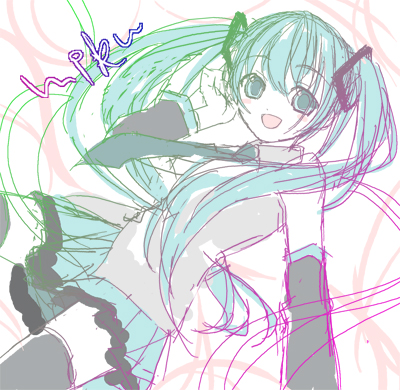 kimishima ao, hatsune miku, vocaloid, bad id, bad pixiv id, lowres, 1girl, aqua hair, female focus, solo, thighhighs, twintails