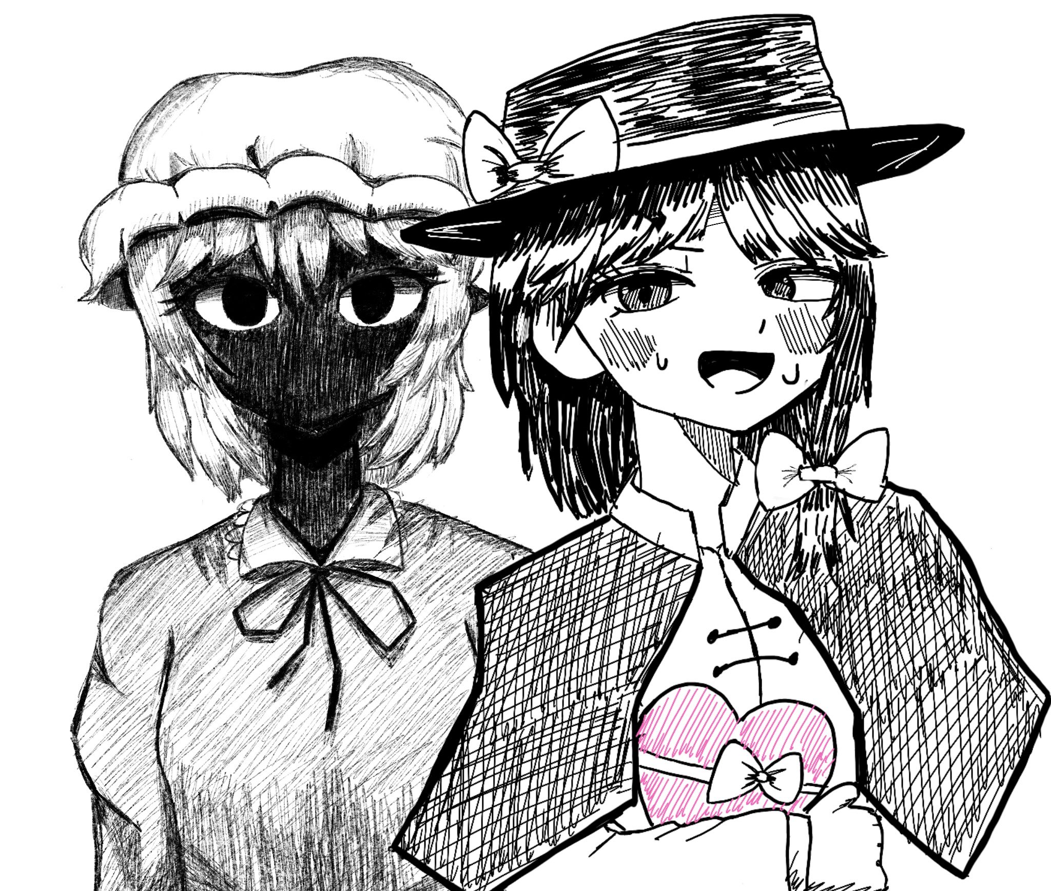 maribel hearn, usami renko, touhou, highres, self-upload, tagme, 2girls, black capelet, black hair, black hat, blonde hair, capelet, hat, heart, multiple girls, staring, wrell