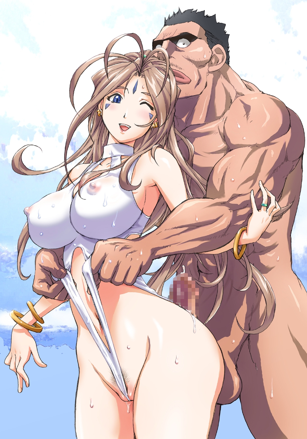 kon-kit, belldandy, tamiya toraichi, aa megami-sama, highres, 1boy, 1girl, antenna hair, blue eyes, bracelet, breasts, brown hair, buttjob, buttjob over clothes, cameltoe, censored, cheating (relationship), clothing aside, covered erect nipples, cum, earrings, facial mark, female pubic hair, forehead mark, frontal wedgie, giving wedgie, happy sex, hetero, highleg, highleg one-piece swimsuit, imminent penetration, jewelry, large breasts, leotard, leotard aside, lips, lipstick, long hair, makeup, manly, mosaic censoring, muscular, netorare, nipples, nude, one-piece swimsuit, one eye closed, penis, pubic hair, pussy, ring, see-through clothes, sky, sweat, swimsuit, ugly bastard, very long hair, wedgie, white one-piece swimsuit, wink
