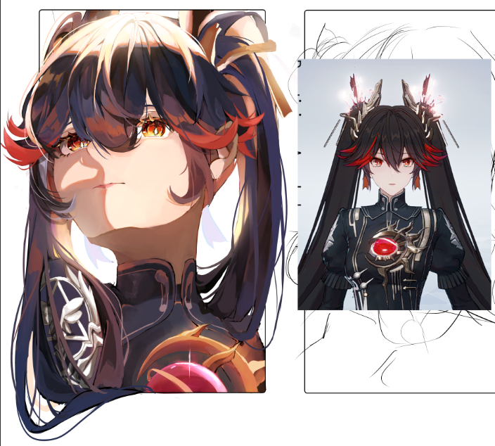 yuki runran, lucia: pyroath (prestigious accolade) (pgr), lucia (pgr), punishing: gray raven, 1girl, black hair, black jacket, hair between eyes, hair ornament, jacket, long hair, multicolored hair, official alternate costume, red hair, red streaks, solo, streaked hair, twintails, very long hair