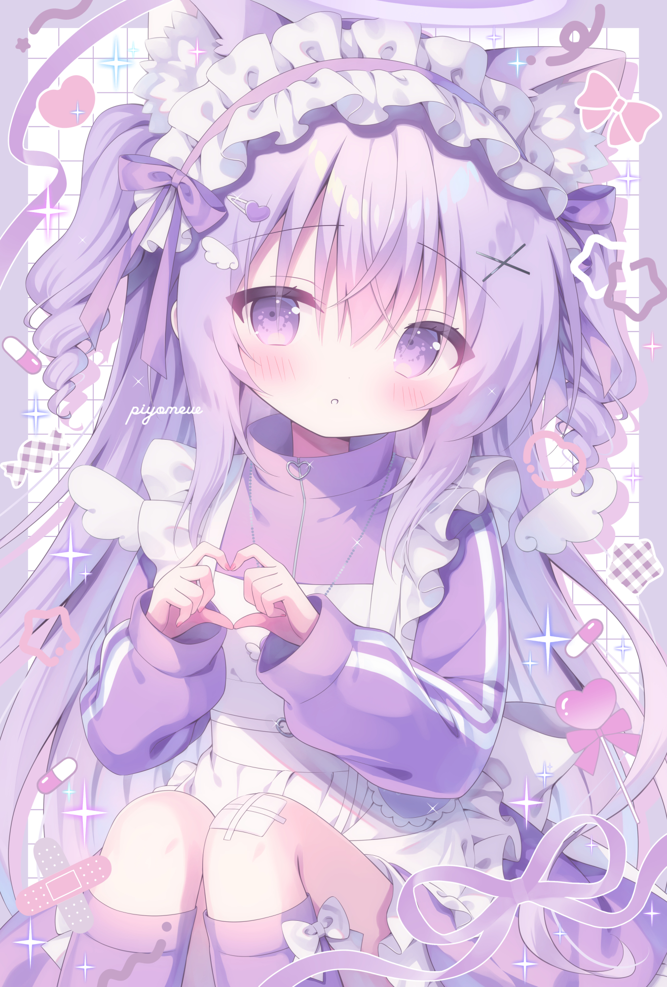 kamishiro piyo, original, commentary, highres, 1girl, animal ear fluff, animal ears, apron, bandaid, bandaid on knee, bandaid on leg, blush, border, cat ears, cat girl, feet out of frame, four-finger heart hands, frilled apron, frilled hairband, frilled skirt, frills, grid background, hair ornament, hairband, heart, heart hair ornament, heart hands, jacket, jersey maid, kneehighs, long hair, long sleeves, looking at viewer, maid, outside border, parted lips, pill, purple border, purple eyes, purple hair, purple hairband, purple jacket, purple skirt, purple socks, signature, sitting, skirt, socks, solo, track jacket, two side up, unconventional maid, white apron, white background, x hair ornament