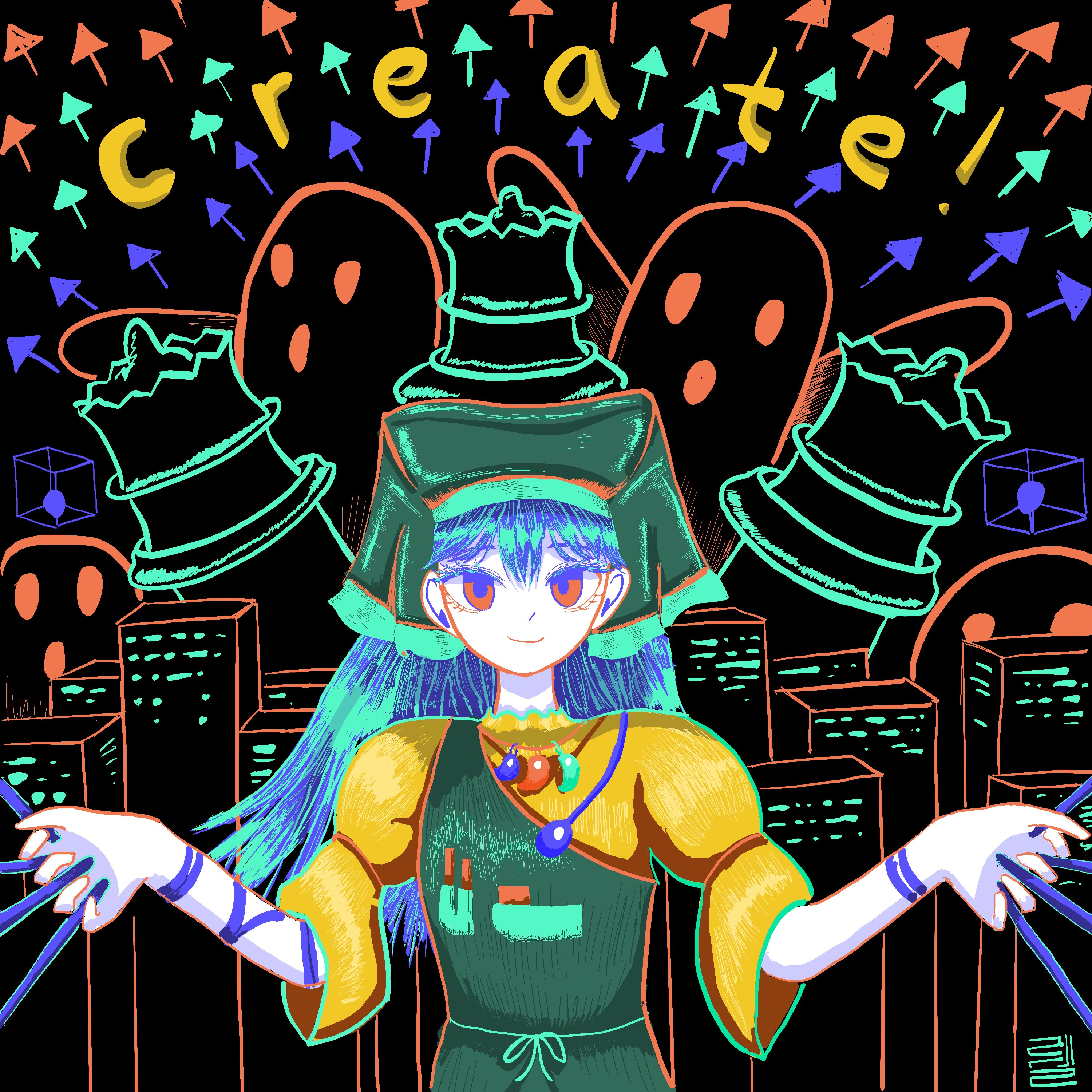 haniyasushin keiki, touhou, absurdres, highres, self-upload, tagme, 1girl, arrow (symbol), blue hair, building, cube, holding, red eyes, solo, wrell