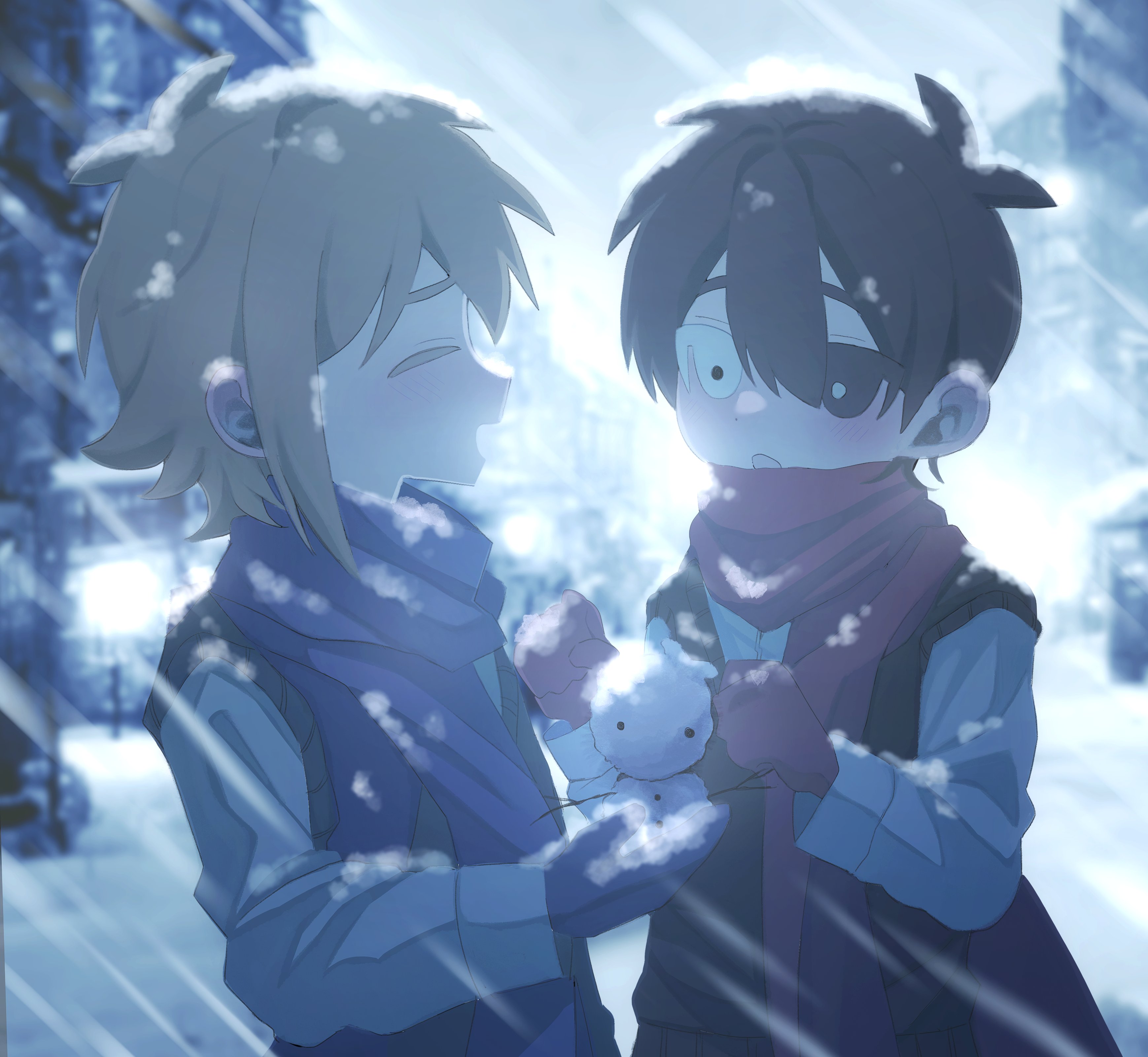 my loleeta, basil (faraway) (omori), basil (omori), sunny (omori), omori, absurdres, highres, spoilers, 2boys, alternate costume, antenna hair, black eyes, blonde hair, blue scarf, blurry, blurry background, bright pupils, double-parted bangs, hair between eyes, heterochromia, holding snowman, long sleeves, looking at another, male focus, mini snowman, mittens, multiple boys, outdoors, red scarf, scarf, short hair, sidelocks, snow, snowing, white eyes, white pupils