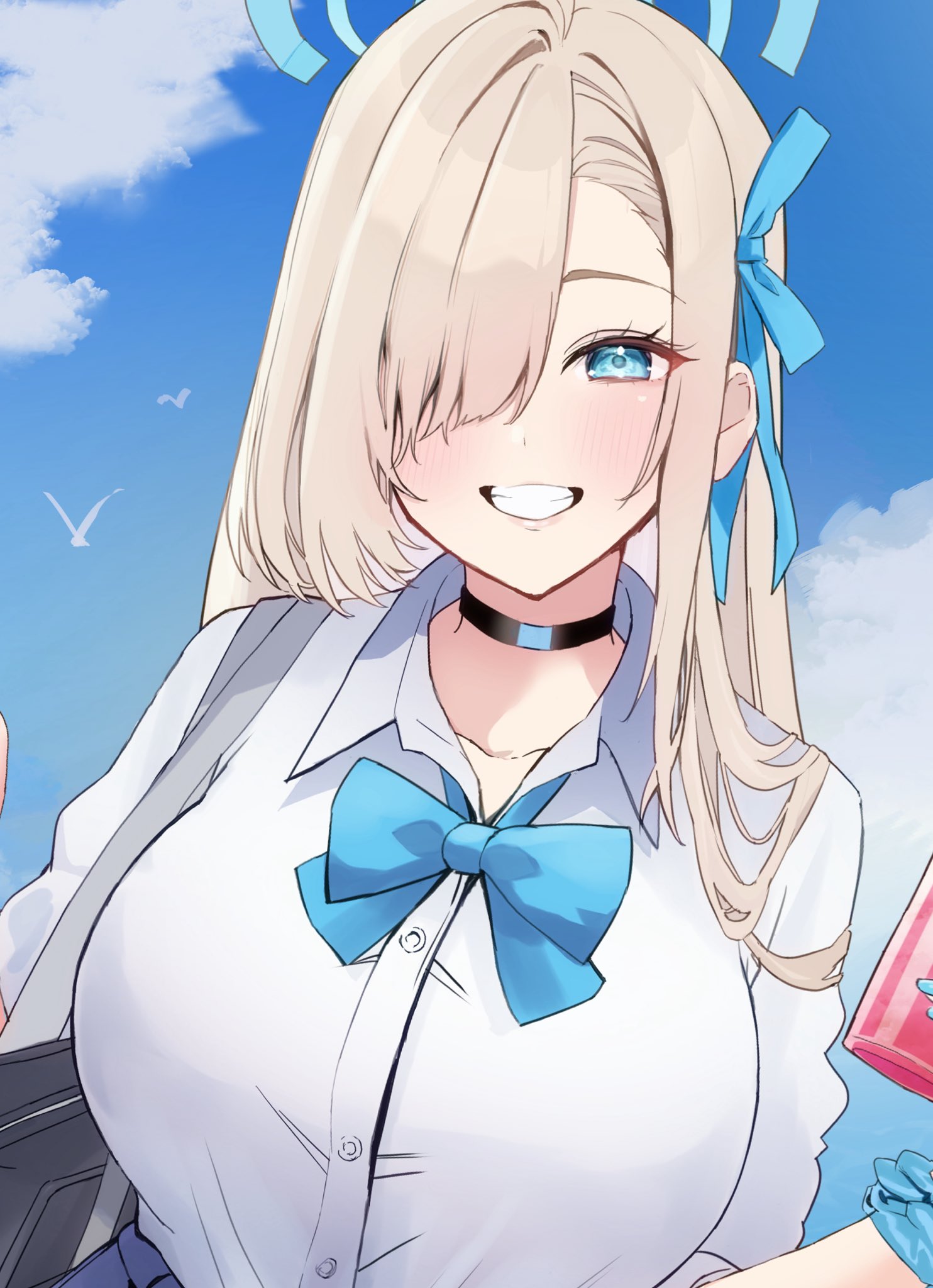nakano kura, asuna (blue archive), asuna (school uniform) (blue archive), blue archive, highres, 1girl, bag, blonde hair, blue eyes, blue halo, blue ribbon, blush, breasts, choker, collarbone, grin, hair over one eye, hair ribbon, halo, holding, holding phone, large breasts, long hair, looking at viewer, phone, ribbon, school bag, scrunchie, shirt, sleeves rolled up, smile, solo, white shirt, wrist scrunchie