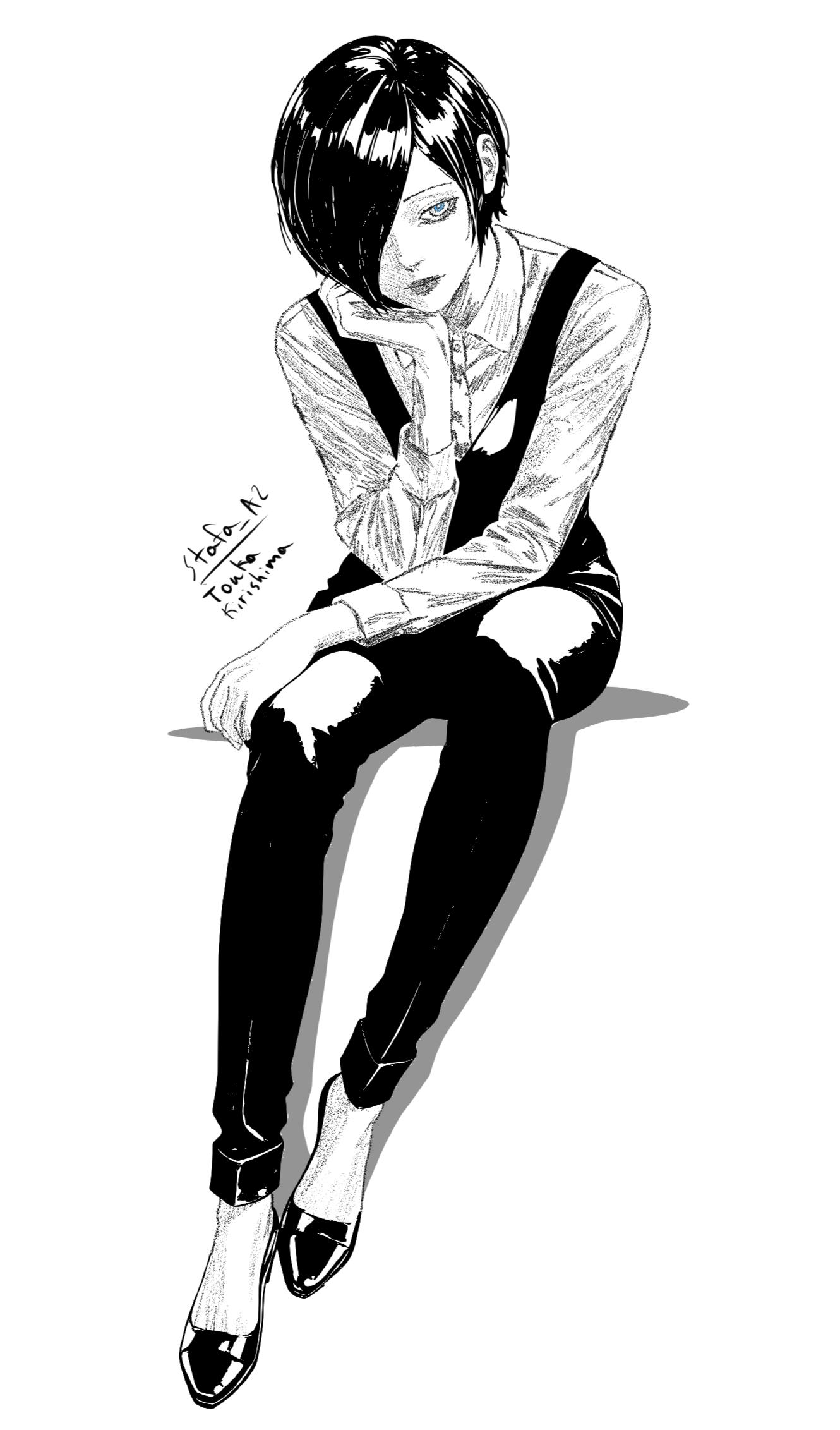 kirishima touka, tokyo ghoul, highres, 1girl, blue eyes, character name, closed mouth, collared shirt, dress shirt, hair over one eye, invisible chair, long sleeves, pants, reromust, shirt, shoes, short hair, sitting, smile, solo, spot color