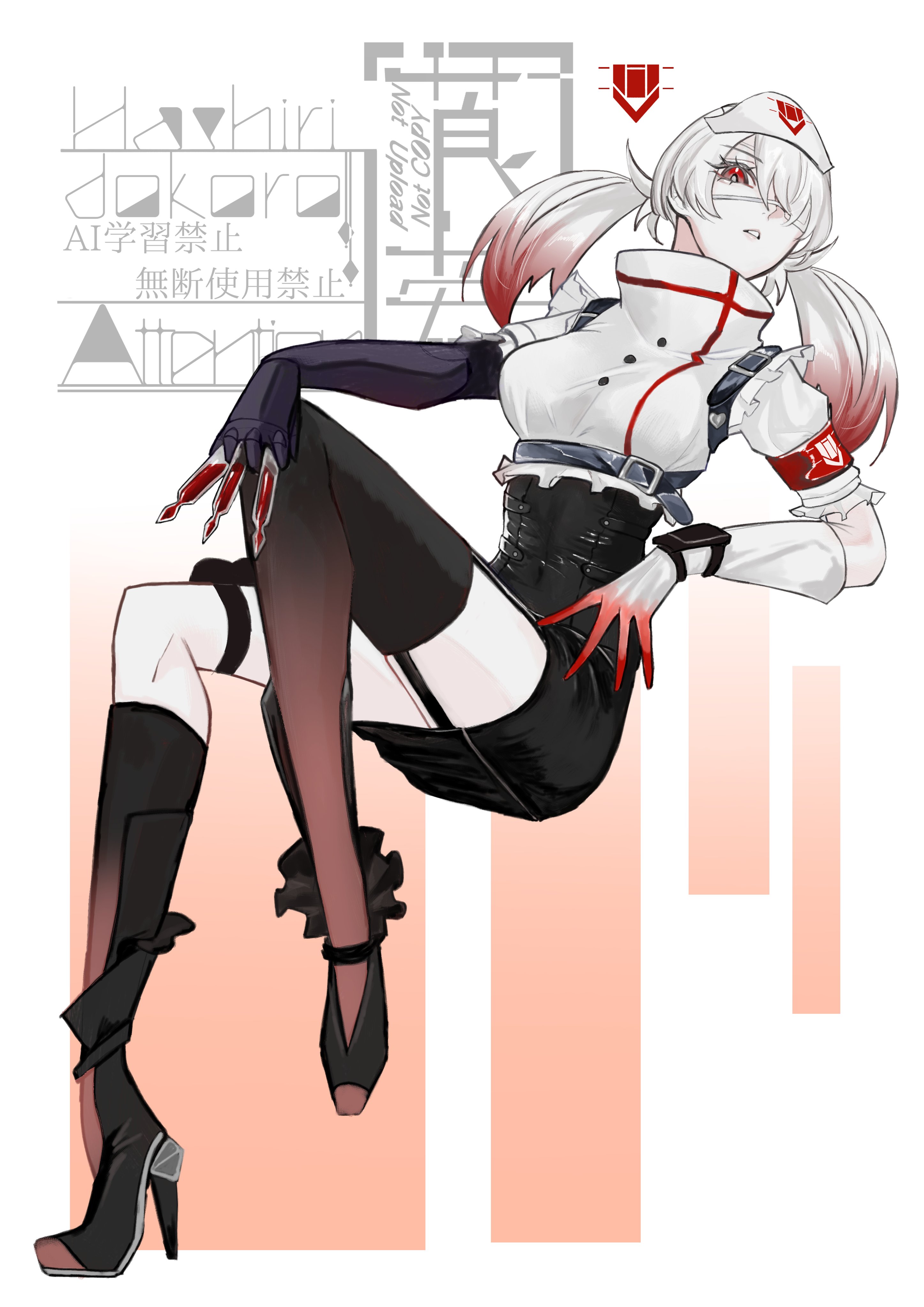 donuts miso, karenina: ember (bloody love) (pgr), karenina (pgr), punishing: gray raven, absurdres, highres, 1girl, asymmetrical legwear, black skirt, eyepatch, gradient hair, grey hair, hat, mechanical arms, medical eyepatch, multicolored hair, nurse, nurse cap, red eyes, red hair, shirt, single mechanical arm, single thighhigh, skirt, solo, thighhighs, two-tone hair, white shirt