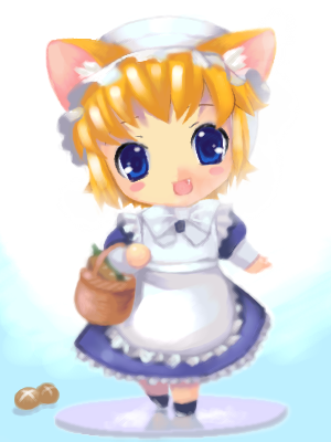 lowres, tagme, animal ears, basket, cat ears, chibi, hat, mob cap, oekaki, solo