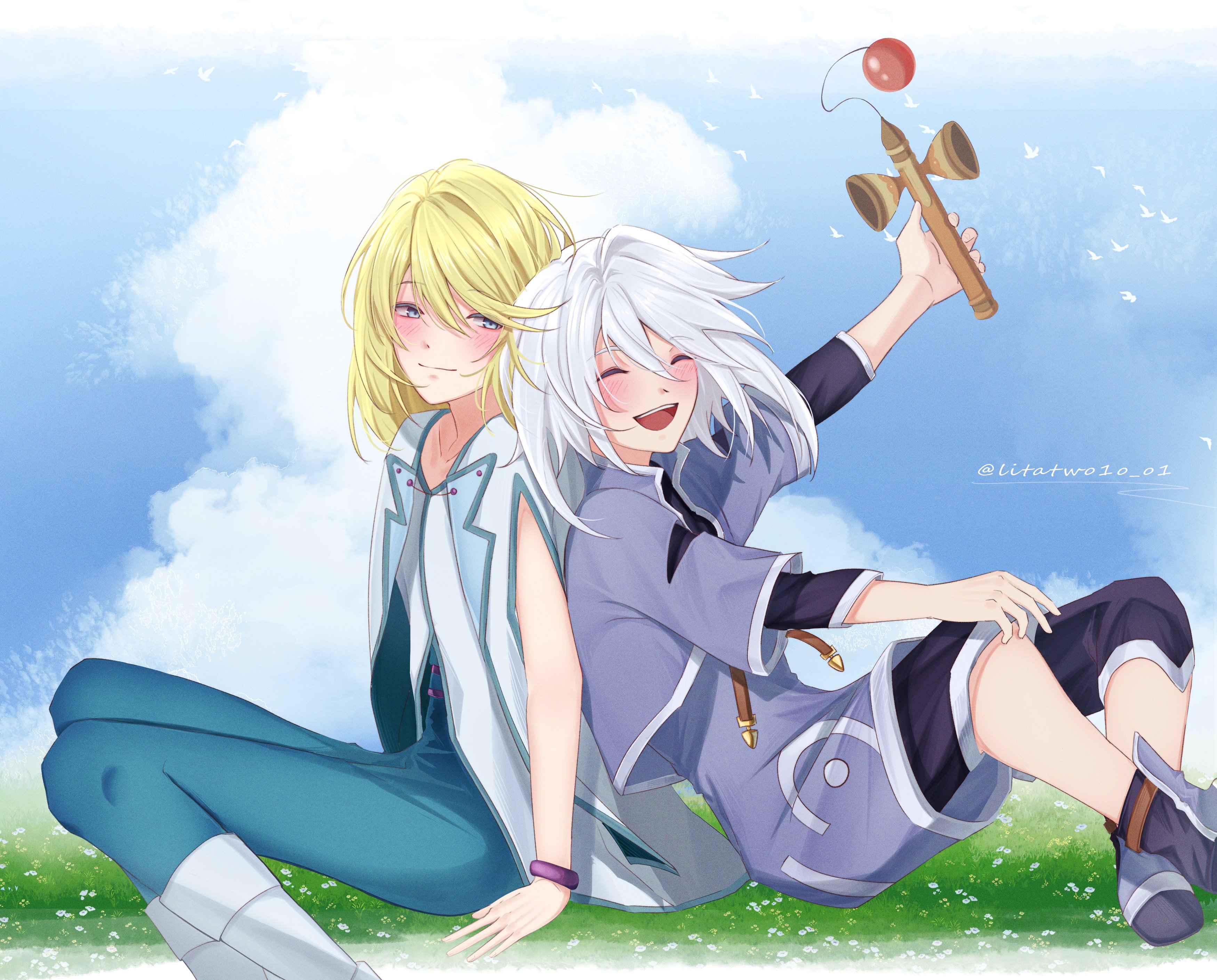 litatwo1o o1, genius sage, mithos yggdrasill, tales of (series), tales of symphonia, absurdres, highres, black shirt, blonde hair, blue eyes, blue jacket, blue leggings, blue shoes, blue shorts, blue sky, blue trim, boots, bracelet, closed eyes, cloud, cropped jacket, hand on own knee, jacket, jewelry, kendama, leaning on person, leggings, long bangs, looking at another, on ground, open mouth, shirt, shoes, shorts, sidelocks, sitting, sky, smile, twitter username, undershirt, white boots, white hair, white jacket, white shirt