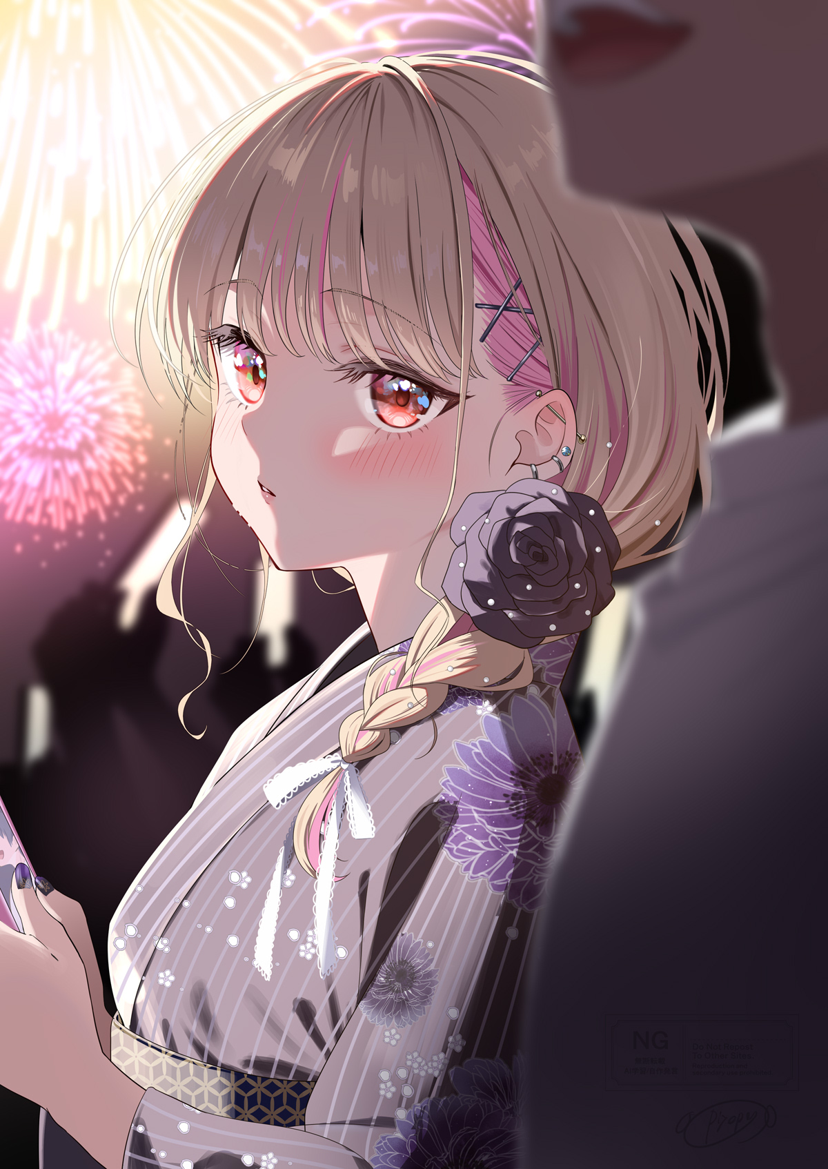 piyopoyo, hisabisa ni atta osananajimi ga iroiro to seichou shiteirunoni nounai dake seichou shiteinakute douyou shiteiru, highres, 1boy, 1girl, aerial fireworks, black flower, black kimono, black nails, black rose, blonde hair, blush, braid, ear piercing, earrings, fireworks, flower, gal (childhood friend series), holding, holding phone, japanese clothes, jewelry, kimono, phone, piercing, pink hair, red eyes, ribbon, rose, signature, upper body, white ribbon, yukata