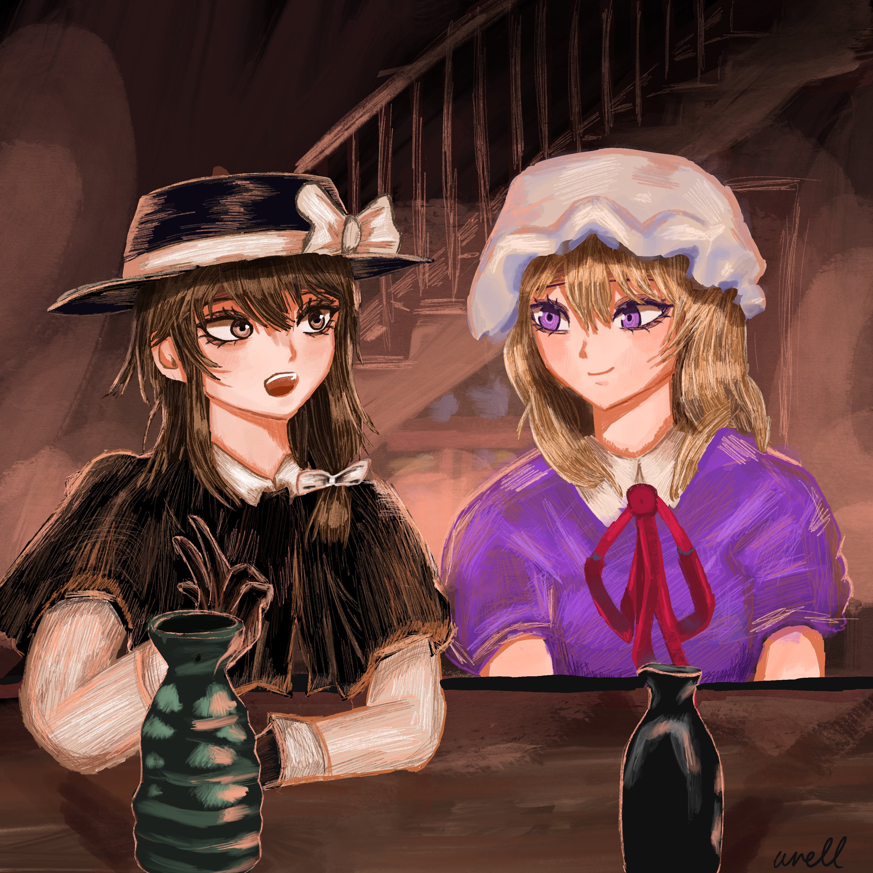 maribel hearn, usami renko, dateless bar "old adam", touhou, absurdres, highres, self-upload, 2girls, bar (place), blonde hair, bow, bowtie, brown eyes, brown hair, capelet, dress, fedora, hat, mob cap, multiple girls, purple dress, purple eyes, red bow, red bowtie, stairs, wrell