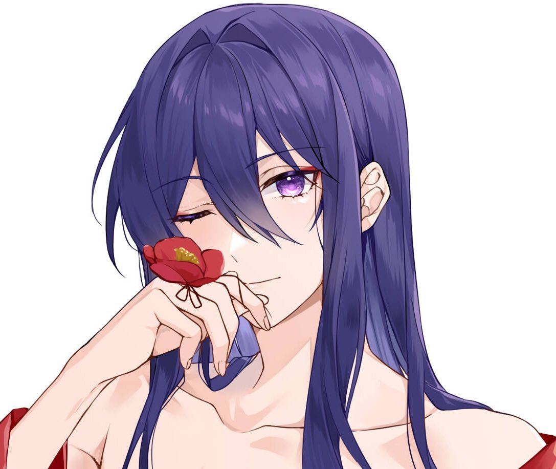 nancy980216, kanzaki souma, ensemble stars!, 1boy, bare shoulders, bishounen, camellia, closed mouth, collarbone, double-parted bangs, eyeshadow, flower, hair between eyes, hair down, hair intakes, holding, holding flower, long hair, looking at viewer, makeup, off shoulder, one eye closed, portrait, purple eyes, purple hair, red eyeshadow, red flower, sidelocks, simple background, smile, solo, white background