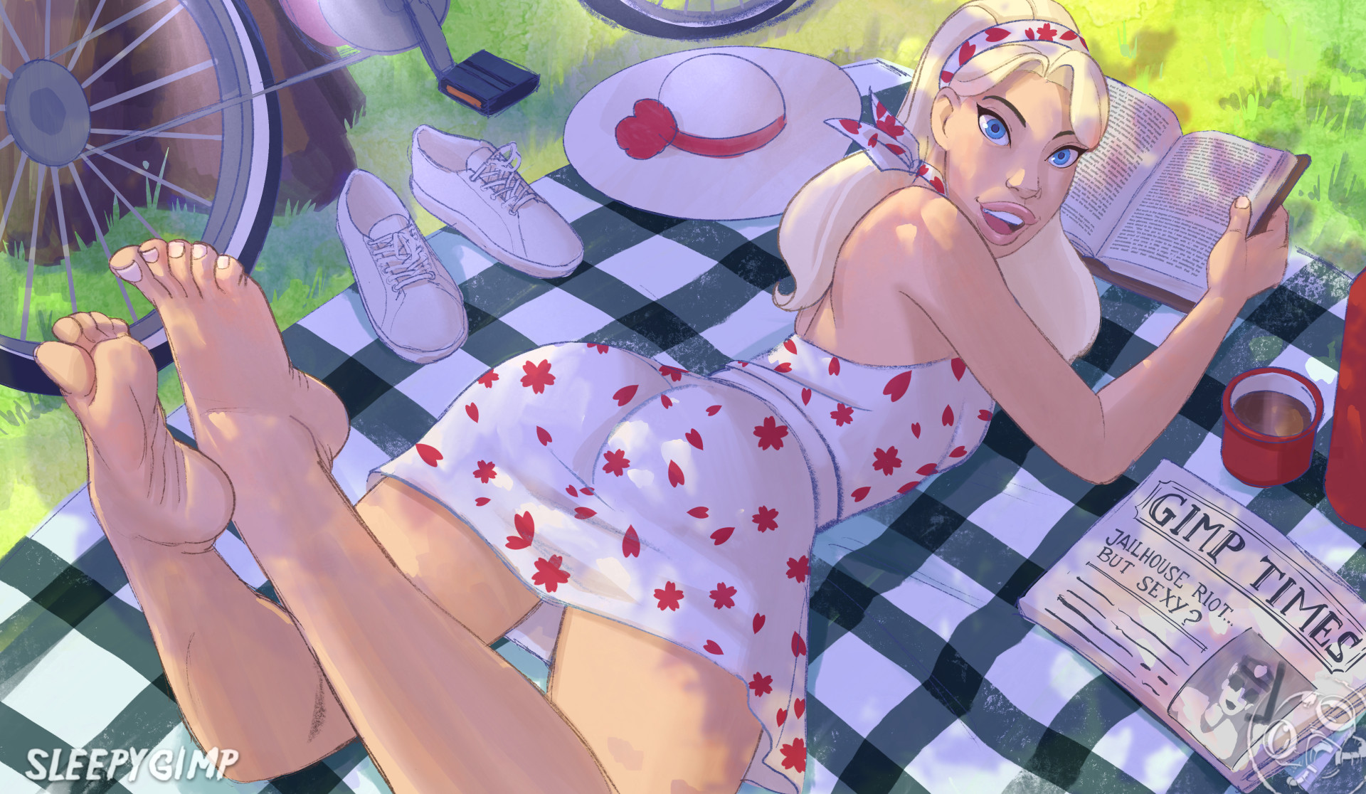 sleepygimp, nancy templeton, original, highres, 1girl, artist logo, artist name, barefoot, blonde hair, blue eyes, book, day, dress, hat, holding, holding book, logo, long hair, looking at viewer, looking back, lying, newspaper, on stomach, open book, outdoors, picnic blanket, print dress, shoes, sleeveless, sleeveless dress, solo, unworn hat, unworn headwear, unworn shoes, white dress, white hat, white shoes