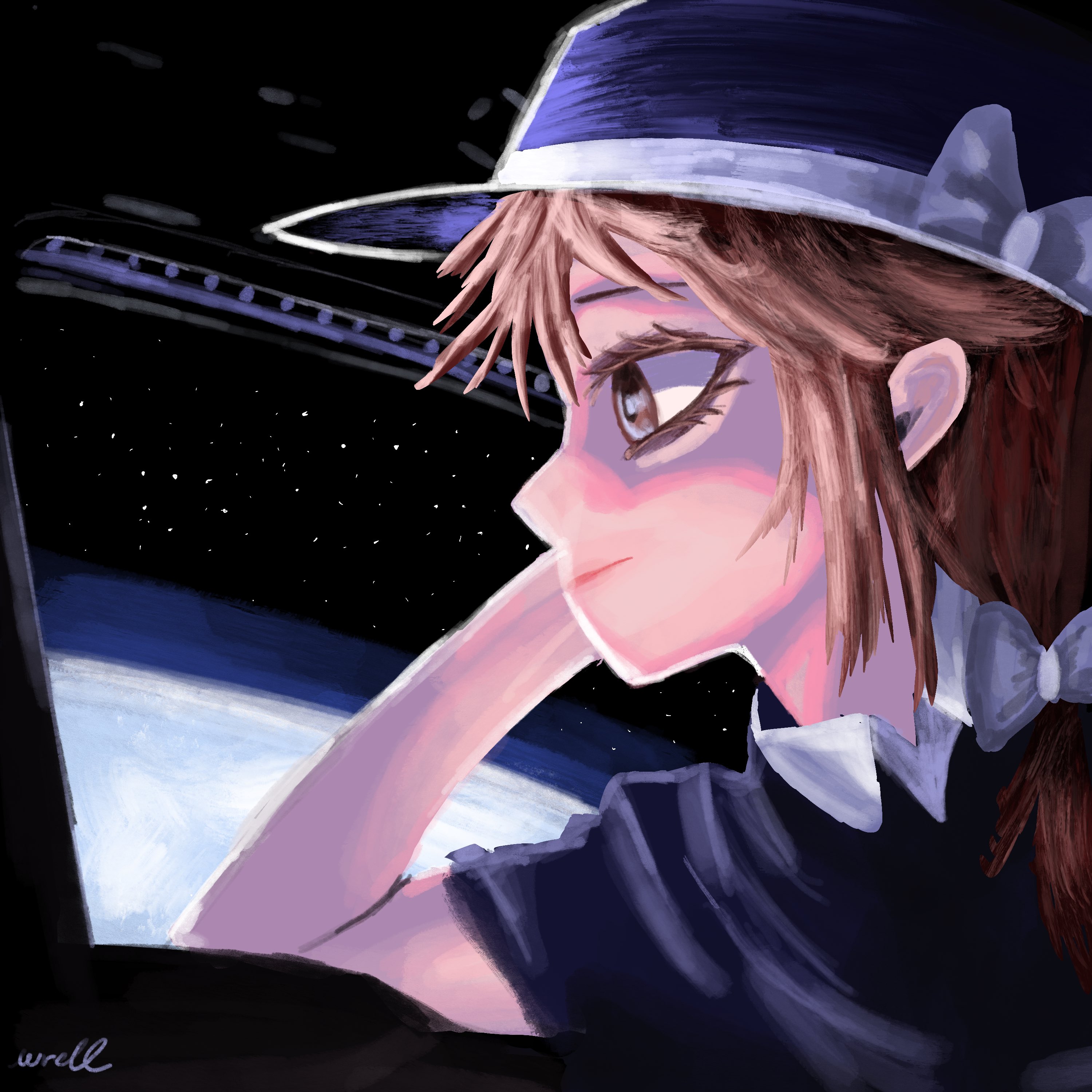 usami renko, touhou, absurdres, highres, self-upload, tagme, 1girl, brown eyes, brown hair, earth (planet), elbow rest, fedora, hat, looking to the side, planet, solo, star (sky), wrell