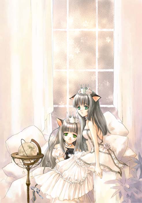 kuramoto kaya, original, animal ears, braid, cat, cat ears, crown, globe, green eyes, hat
