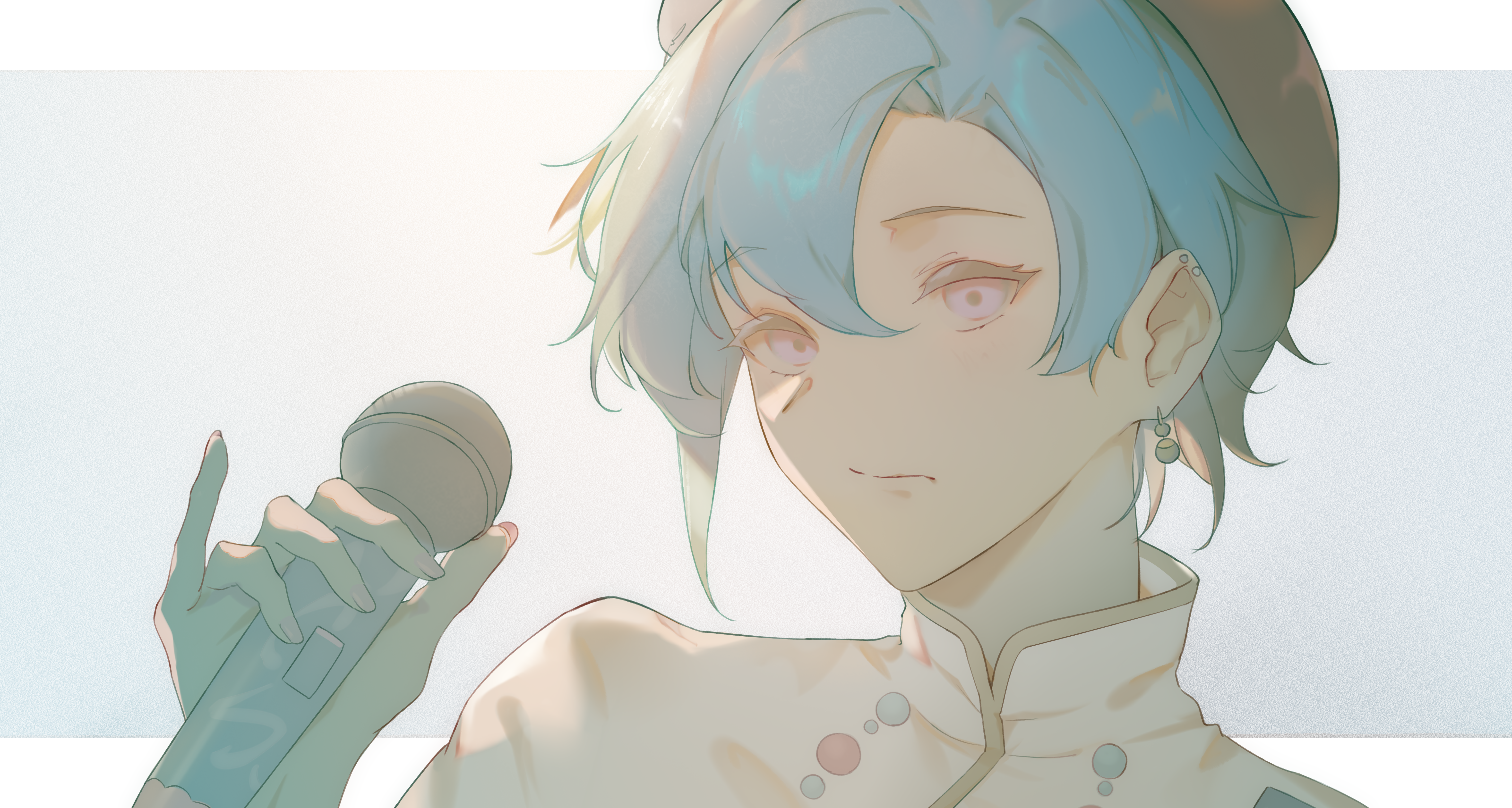 vii (joshuayuen), ryuushen, nijisanji, absurdres, commentary, highres, 1boy, blue hair, earrings, expressionless, eyelashes, hair between eyes, holding, holding microphone, jewelry, letterboxed, looking at viewer, male focus, microphone, pinky out, short hair, solo, virtual youtuber