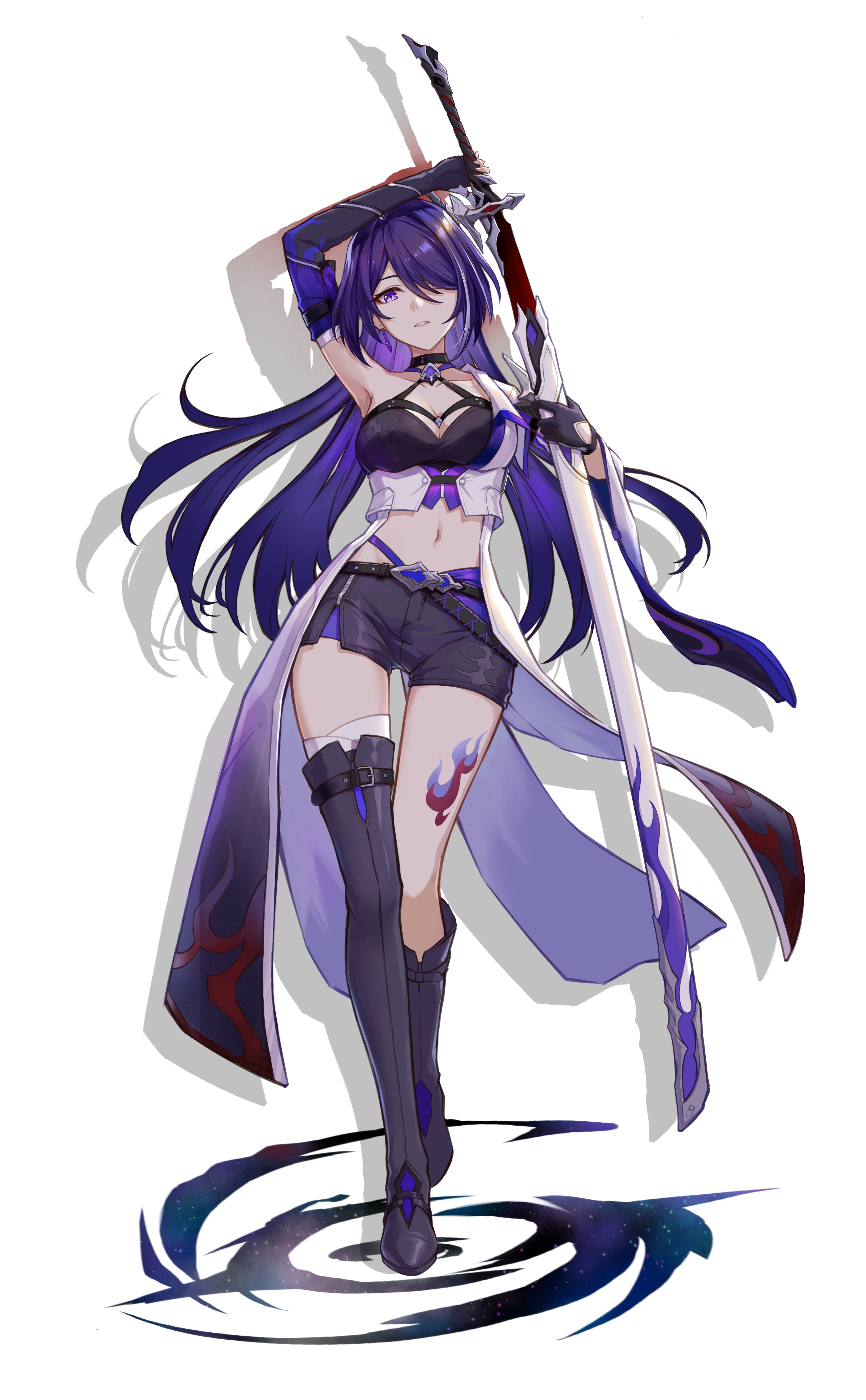 setsu (qjsj1993aa), acheron (honkai: star rail), honkai: star rail, honkai (series), absurdres, commentary request, highres, partial commentary, 1girl, arm up, bandaged arm, bandaged leg, bandages, belt, black belt, black choker, black gloves, black shirt, black shorts, boots, breasts, choker, cleavage, coat, coattails, collarbone, criss-cross halter, crop top, drawing sword, drop shadow, earrings, elbow gloves, eyes visible through hair, full body, gloves, hair ornament, hair over one eye, halterneck, holding, holding sword, holding weapon, jewelry, knee boots, large breasts, leg tattoo, long hair, looking at viewer, midriff, multicolored hair, navel, ootachi, parted lips, purple eyes, purple hair, scabbard, sheath, shirt, shorts, simple background, single elbow glove, single knee boot, single thigh boot, single wide sleeve, solo, streaked hair, sword, tachi-e, tattoo, thigh boots, unsheathing, weapon, white background, white coat