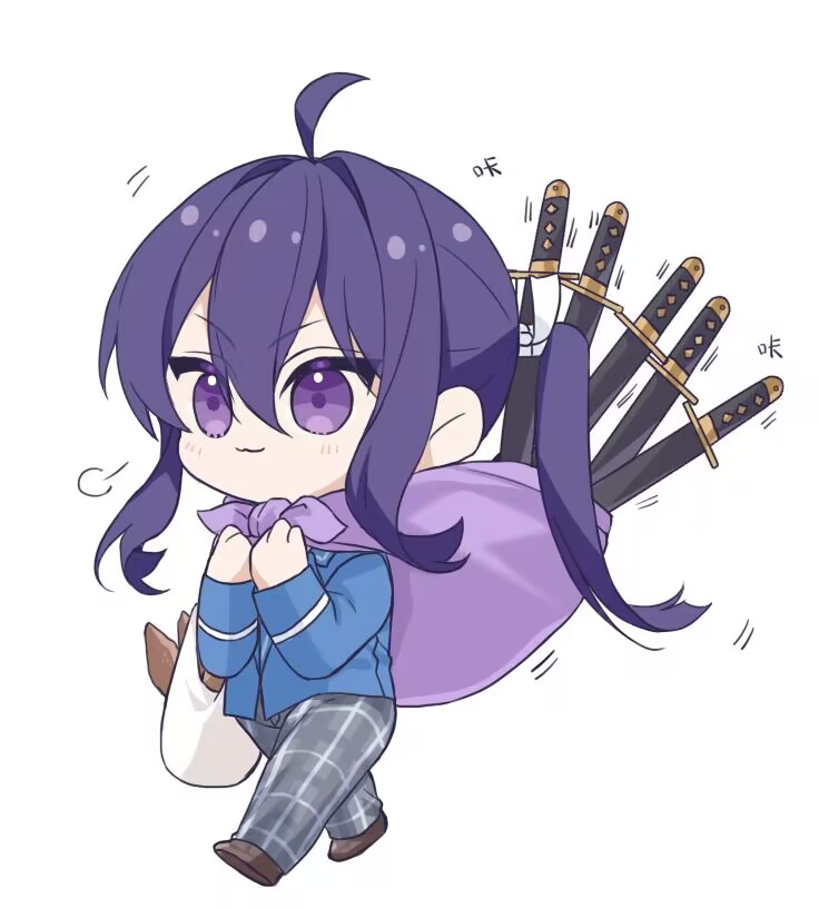 nancy980216, kanzaki souma, ensemble stars!, 1boy, :3, ahoge, blazer, blue jacket, blunt ends, brown shoes, chibi, chibi only, closed mouth, fish (food), full body, grey pants, hair between eyes, hair intakes, hands up, jacket, katana, light blush, loafers, long hair, long sleeves, motion lines, motoyui, pants, plaid clothes, plaid pants, ponytail, puff of air, purple bag, purple eyes, purple hair, school uniform, sheath, sheathed, shoes, sidelocks, simple background, solo, sword, too many weapons, v-shaped eyebrows, walking, weapon, white background, white bag, yumenosaki school uniform