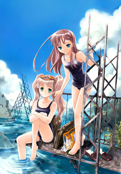 kuramoto kaya, original, 2girls, barefoot, blue eyes, brown hair, feet, goggles, multiple girls, one-piece swimsuit, ruins, school swimsuit, soaking feet, swimsuit, twintails, water