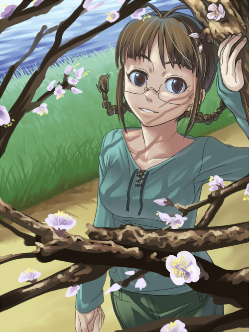inu (aerodog), akizuki ritsuko, idolmaster, idolmaster (classic), idolmaster 1, 00s, 1girl, blue shirt, blue sky, braid, branch, brown eyes, brown hair, cherry blossoms, day, female focus, glasses, goggles, grass, green pants, pants, road, shadow, shirt, sky, solo, tree