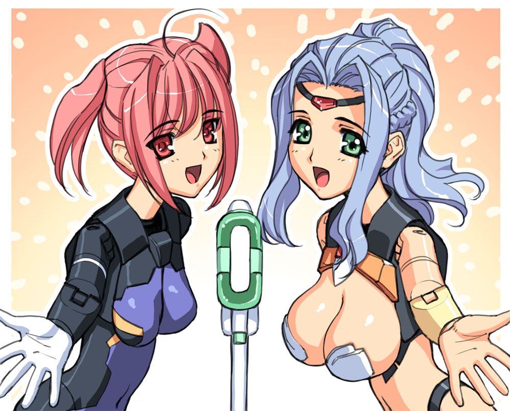 magaki ryouta, eukrante, ianeira, busou shinki, 10s, 2girls, blue hair, breasts, cleavage, doll joints, green eyes, joints, large breasts, long hair, microphone, microphone stand, multiple girls, red eyes, red hair