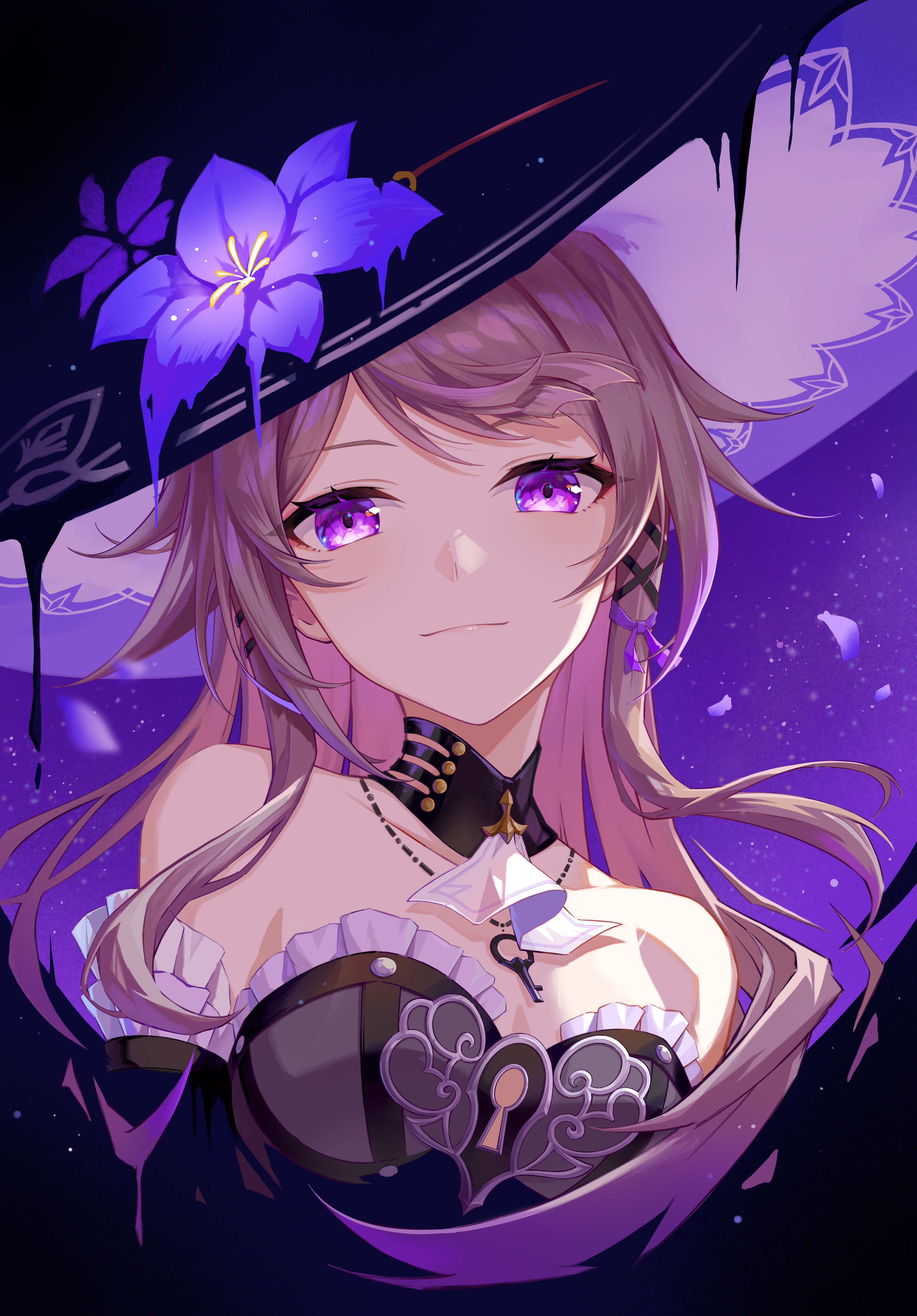 setsu (qjsj1993aa), herta (honkai: star rail), the herta (honkai: star rail), honkai: star rail, honkai (series), absurdres, commentary request, highres, partial commentary, 1girl, bare shoulders, black dress, breasts, brown hair, cropped torso, dress, hat, jewelry, key, key necklace, long hair, looking at viewer, medium breasts, necklace, purple eyes, solo, space, witch hat
