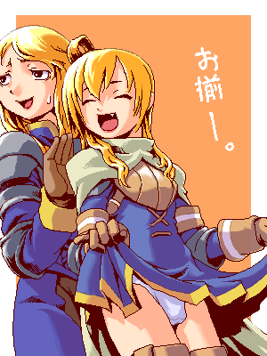 mikuni aoi, agrias oaks, knight (fft), ramza beoulve, atlus, etrian odyssey, final fantasy, final fantasy tactics, bad id, bad pixiv id, lowres, 1boy, 1girl, ahoge, armor, armored dress, blonde hair, bulge, cape, clothes lift, cowboy shot, crossdressing, dress, fang, gloves, lipstick, long hair, makeup, oekaki, paladin, panties, pantyshot, skirt, skirt lift, sweatdrop, thighhighs, trap, underwear, white panties