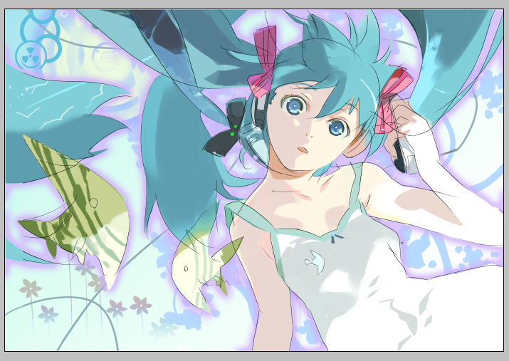 119, 1ten, hatsune miku, vocaloid, 1girl, aqua hair, female focus, fish, flat chest, oekaki, sketch, solo, tropical fish, twintails