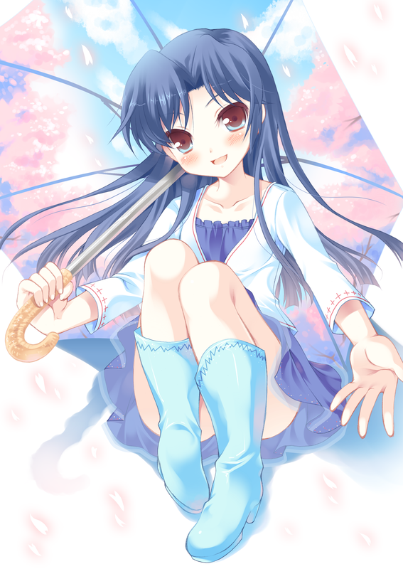 komi zumiko, kisaragi chihaya, idolmaster, idolmaster (classic), idolmaster 1, bad id, bad pixiv id, 00s, blue hair, blush, boots, brown eyes, long hair, petals, solo, umbrella