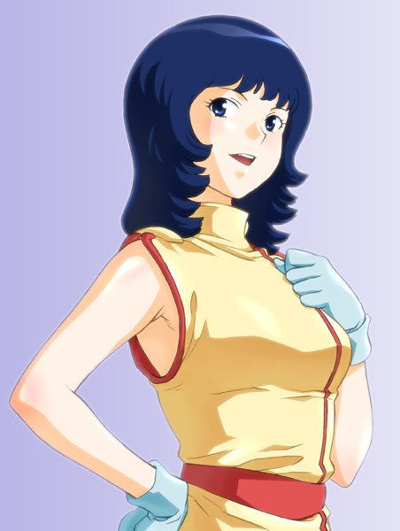 shoumaru (gadget box), fa yuiry, gundam, zeta gundam, bad id, bad pixiv id, 1girl, armpits, blue eyes, blue gloves, blue hair, clenched hand, cowboy shot, female focus, gloves, gradient background, hand on own hip, looking at viewer, matching hair/eyes, open mouth, purple background, shirt, solo, yellow shirt