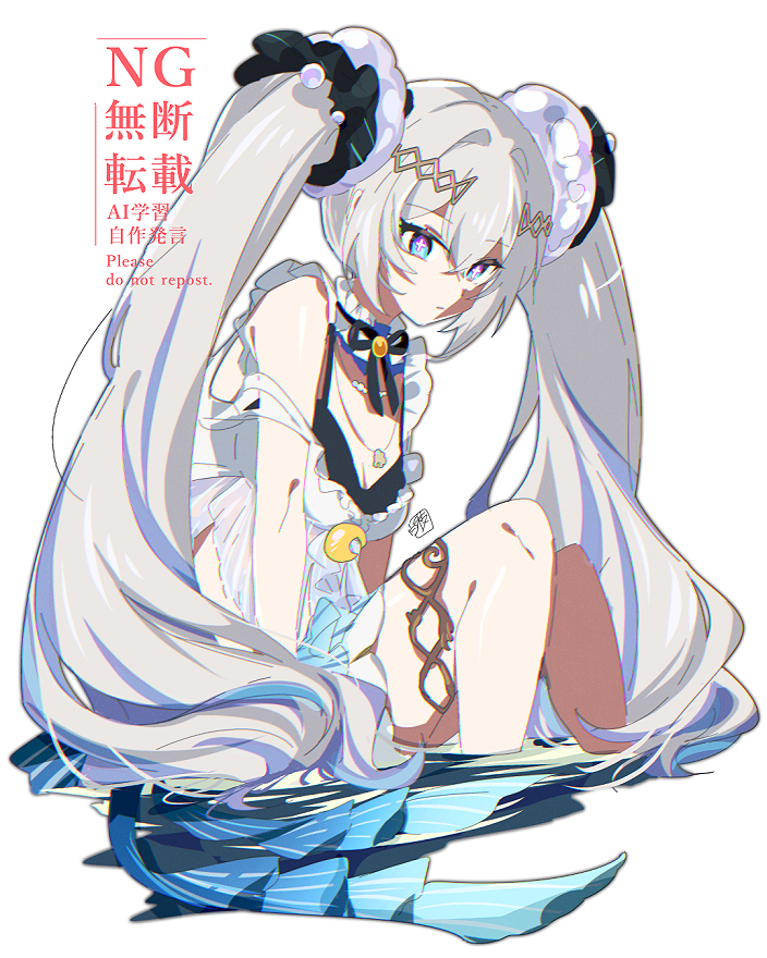 shiraeda, luna: oblivion (crystalline glance) (pgr), luna (pgr), punishing: gray raven, tagme, 1girl, blue eyes, cross-shaped pupils, dress, grey hair, hair between eyes, hair tubes, jewelry, long hair, sidelocks, solo, symbol-shaped pupils, twintails, very long hair, watermark, white dress