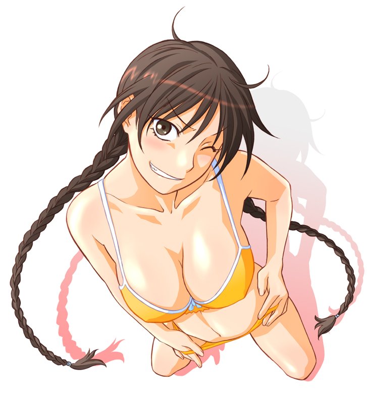 shoumaru (gadget box), momoe maria, ookiku furikabutte, bad id, bad pixiv id, 00s, 1girl, bikini, braid, breasts, brown hair, cleavage, downpants, female focus, from above, large breasts, naughty face, one eye closed, solo, swimsuit, twin braids, wink, yellow bikini