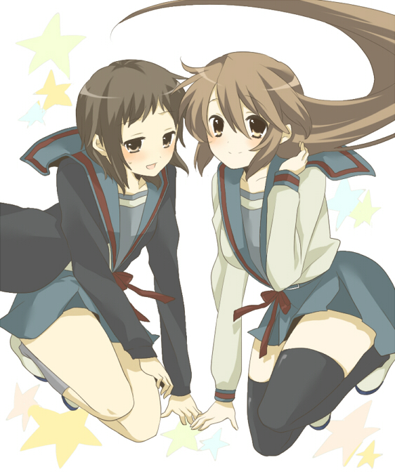 beniko, koizumi itsuki, koizumi itsuki (female), kyon, kyonko, suzumiya haruhi no yuuutsu, bad id, bad pixiv id, 00s, 2girls, genderswap, genderswap (mtf), multiple girls, school uniform, serafuku, thighhighs