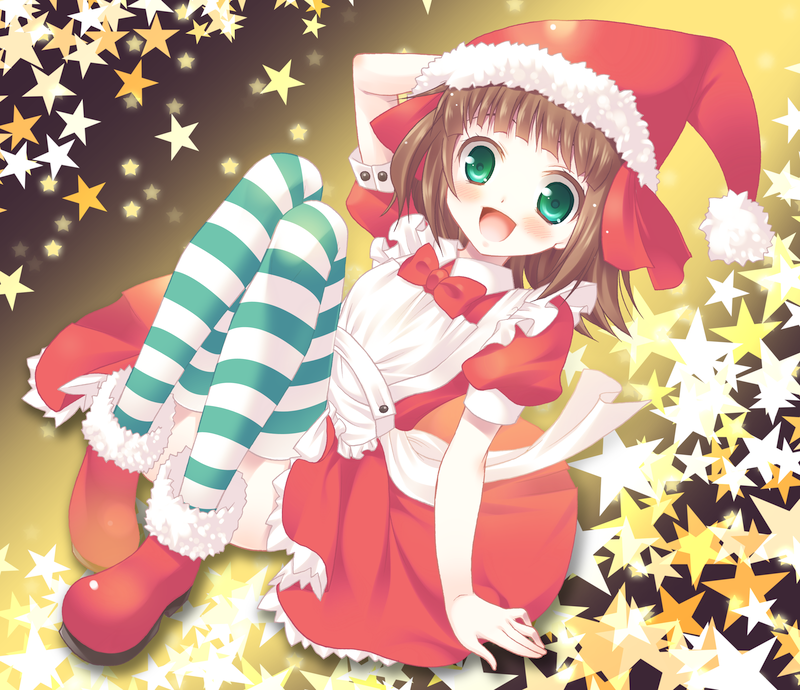 komi zumiko, amami haruka, idolmaster, idolmaster (classic), idolmaster 1, santa boots, bad id, bad pixiv id, 00s, 1girl, :d, apron, aqua eyes, arm behind head, boots, brown hair, christmas, dress, female focus, hat, looking at viewer, open mouth, santa costume, santa hat, smile, solo, star (symbol), star symbol background, striped clothes, striped thighhighs, thighhighs
