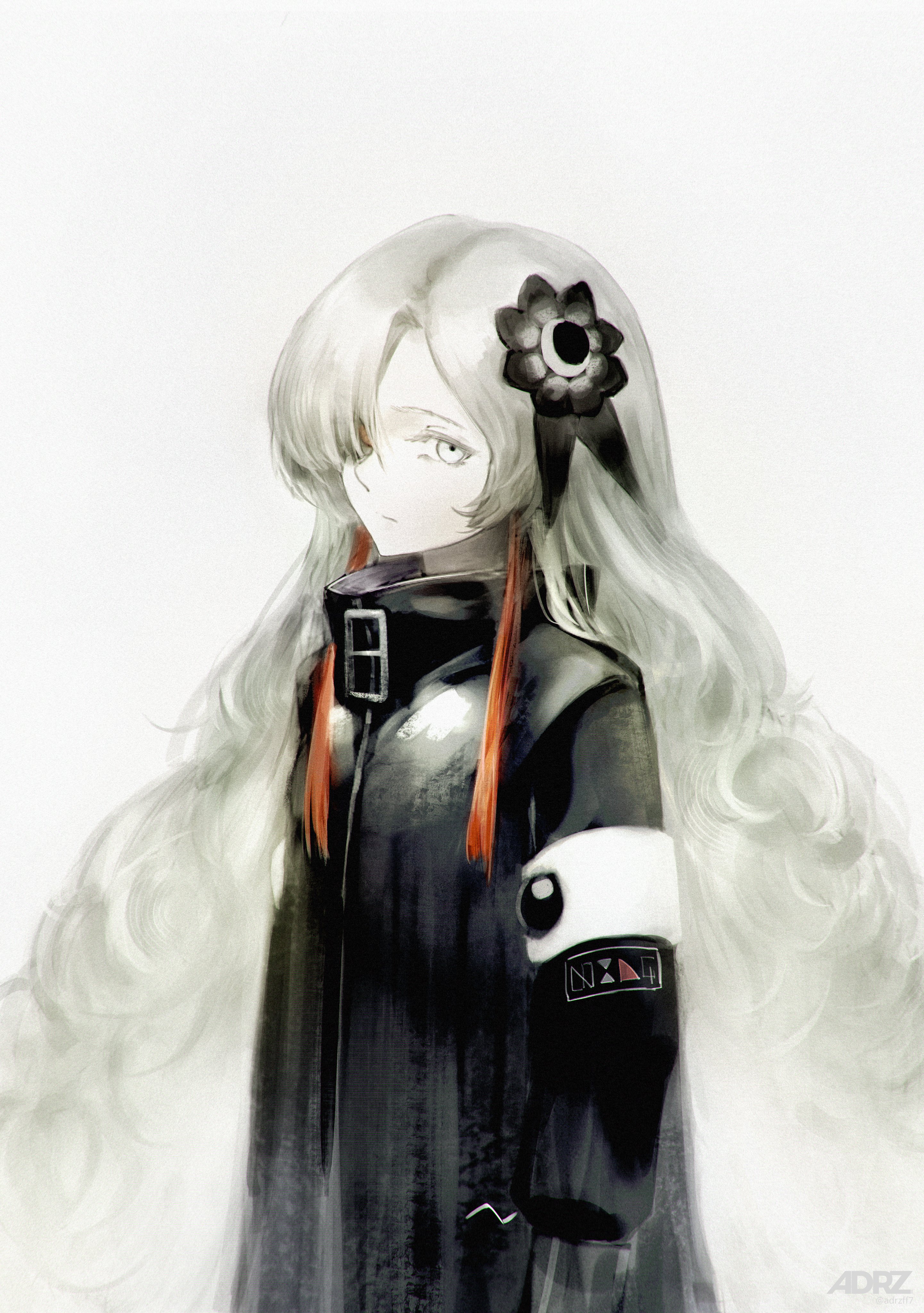 adrzff7, isekaijoucho, kamitsubaki studio, absurdres, highres, 1girl, black flower, black jacket, black sleeves, flower, from side, grey hair, hair extensions, hair flower, hair ornament, hair over one eye, jacket, long hair, looking at viewer, red eyes, red hair, simple background, standing, white background, white eyes