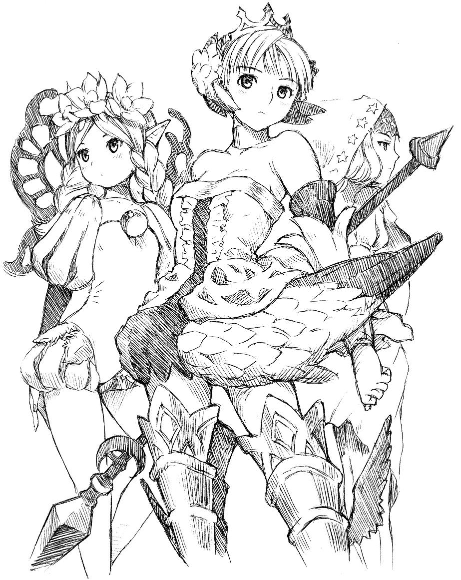 yug (ekaki), gwendolyn (odin sphere), mercedes (odin sphere), velvet (odin sphere), odin sphere, traditional media, 3girls, armor, armored dress, crown, dress, greyscale, head wings, head wreath, hood, monochrome, multiple girls, puff and slash sleeves, puffy sleeves, strapless, strapless dress, valkyrie, wings